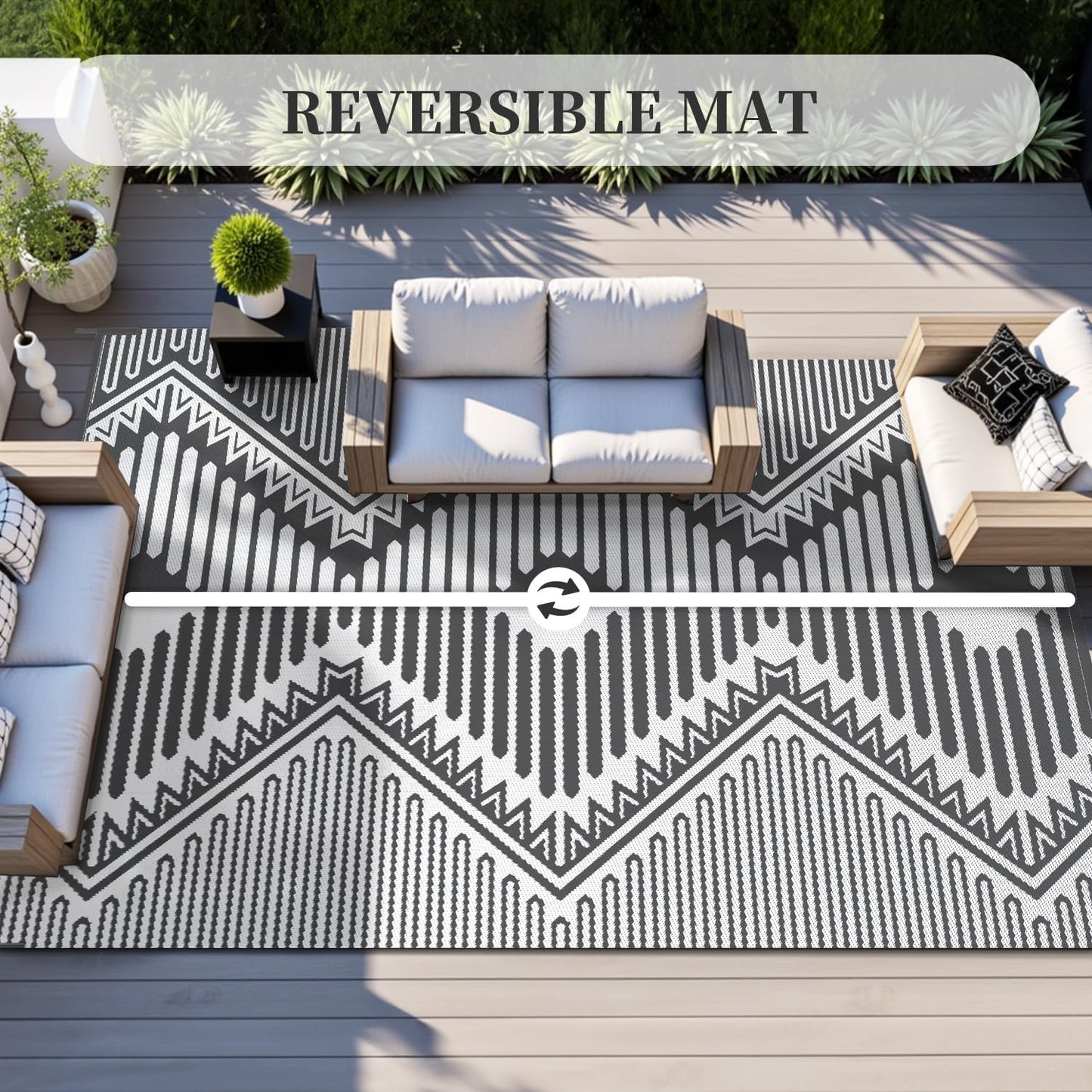 MontVoo Outdoor Rug 8x10 Waterproof Patio Rug-Outdoor Carpet Mat Reversible Plastic Straw Outside Outdoor Rug for RV Camping Picnic Beach Balcony Backyard Pool Deck Porch Modern Boho Grey