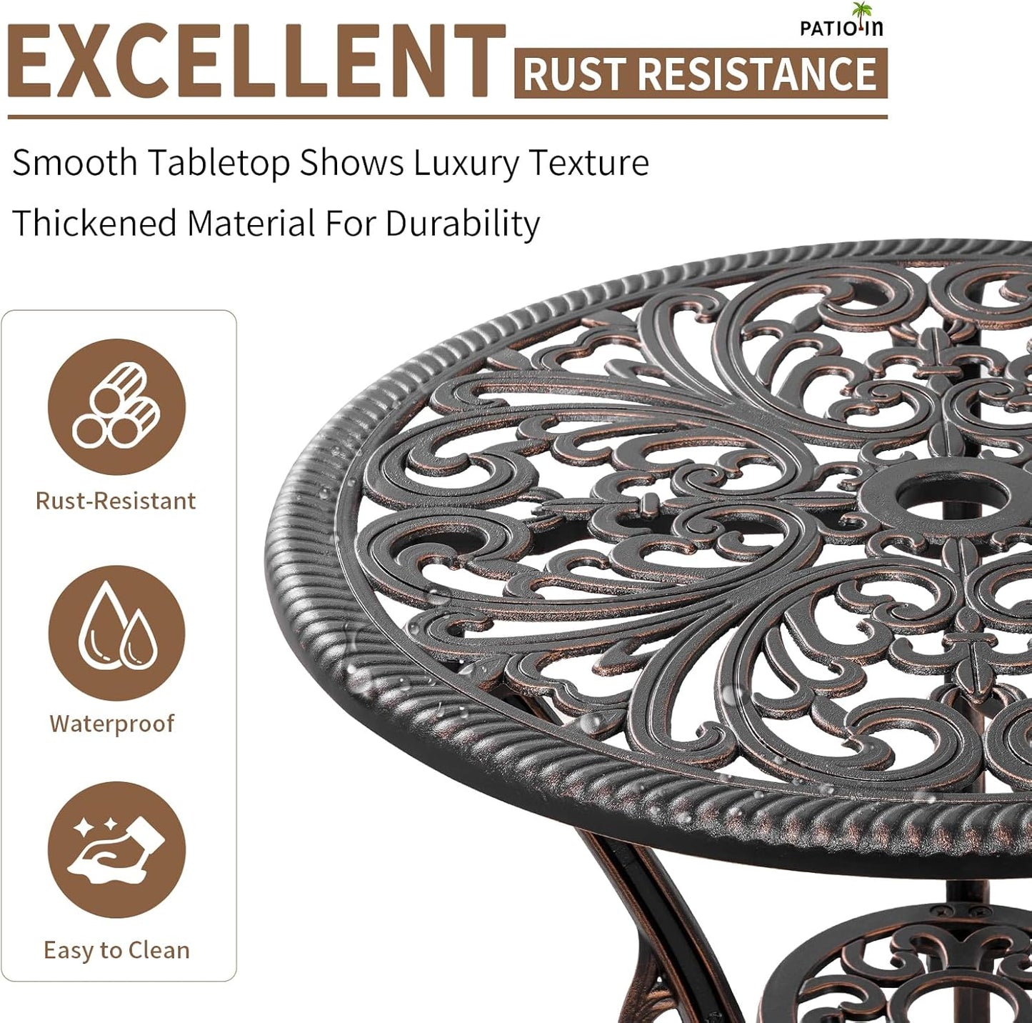 Outdoor Bistro Set 3 Piece, Patio Bistro Set, Cast Aluminum Bistro Set, Patio Table Set with 1.97" Umbrella Hole for Yard, Deck, Front Porch