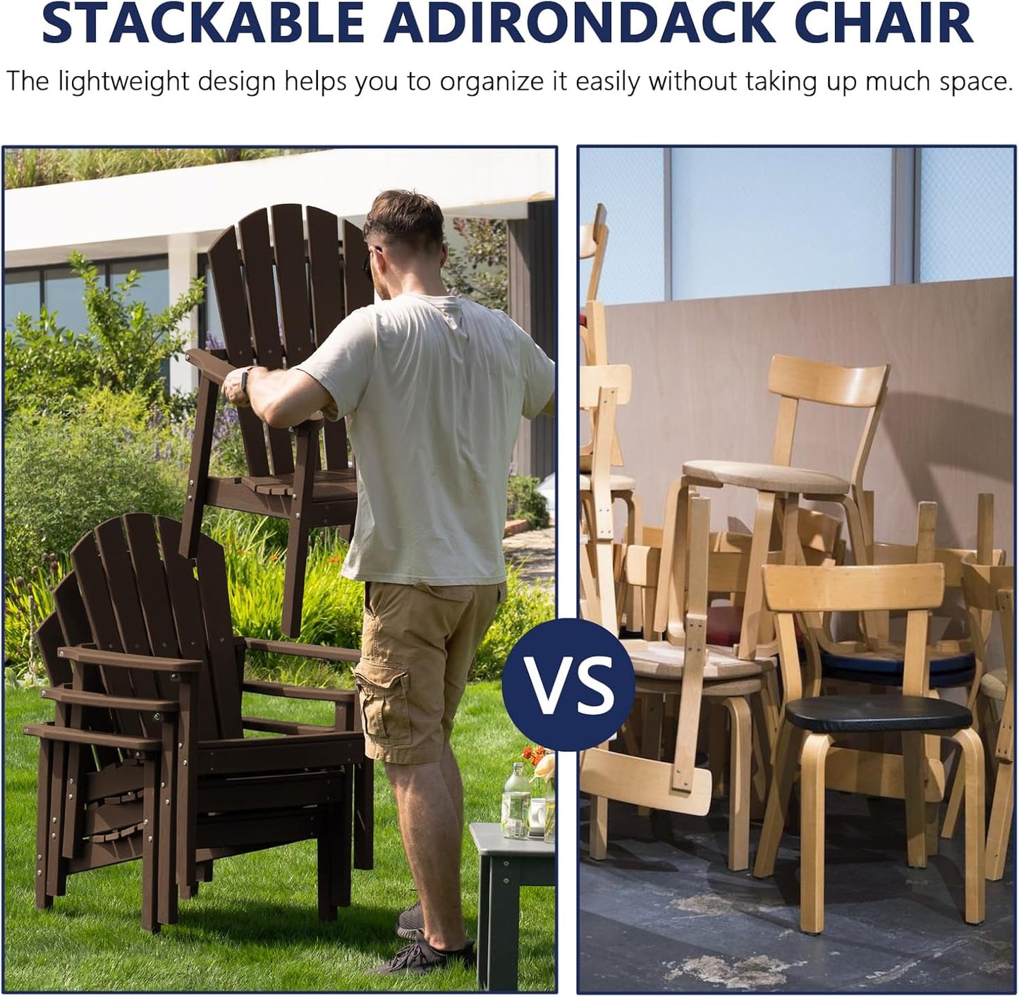 Stackable Adirondack Chair Set of 2, HDPE Outdoor Patio Chair - Durable and Space Saving, Suitable for Porches, Lawns or Garden, Coffee