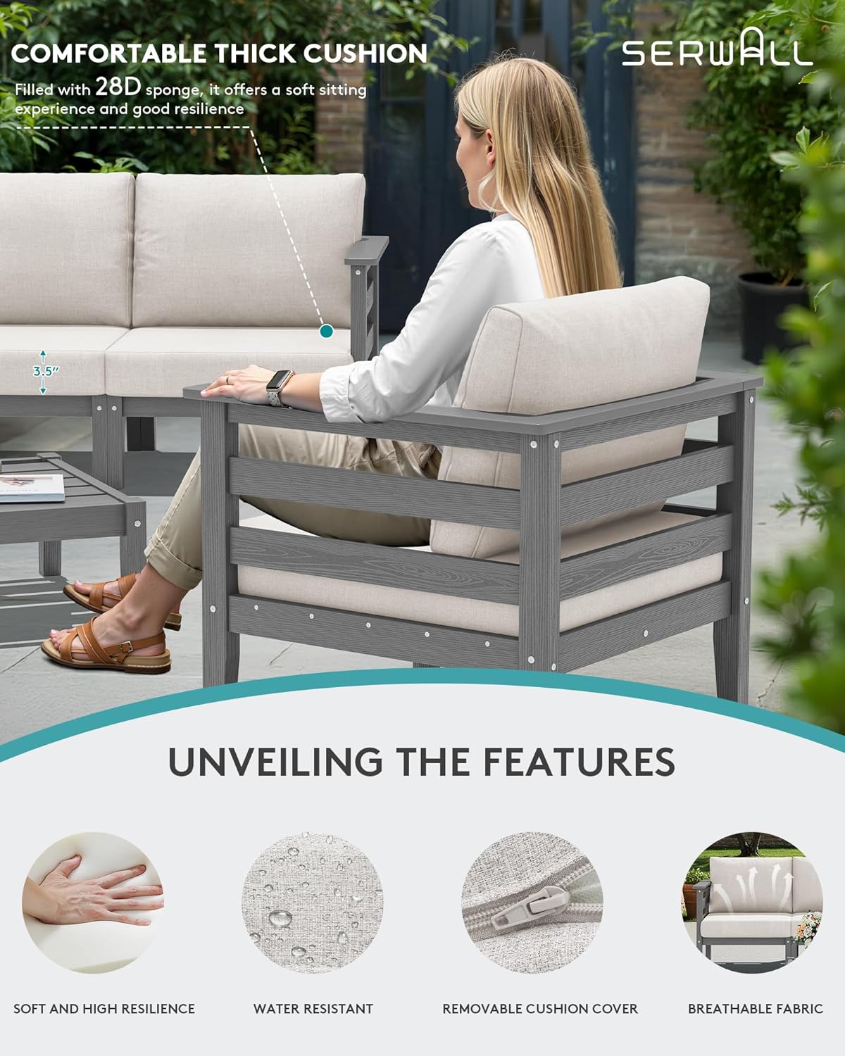 SERWALL HDPE Patio Furniture Set 4 Pieces, All-Weather Wood-Like Outdoor Sofa Couch with Coffee Table for Deck, Lawn, Grey Frame with Khaki Cushion