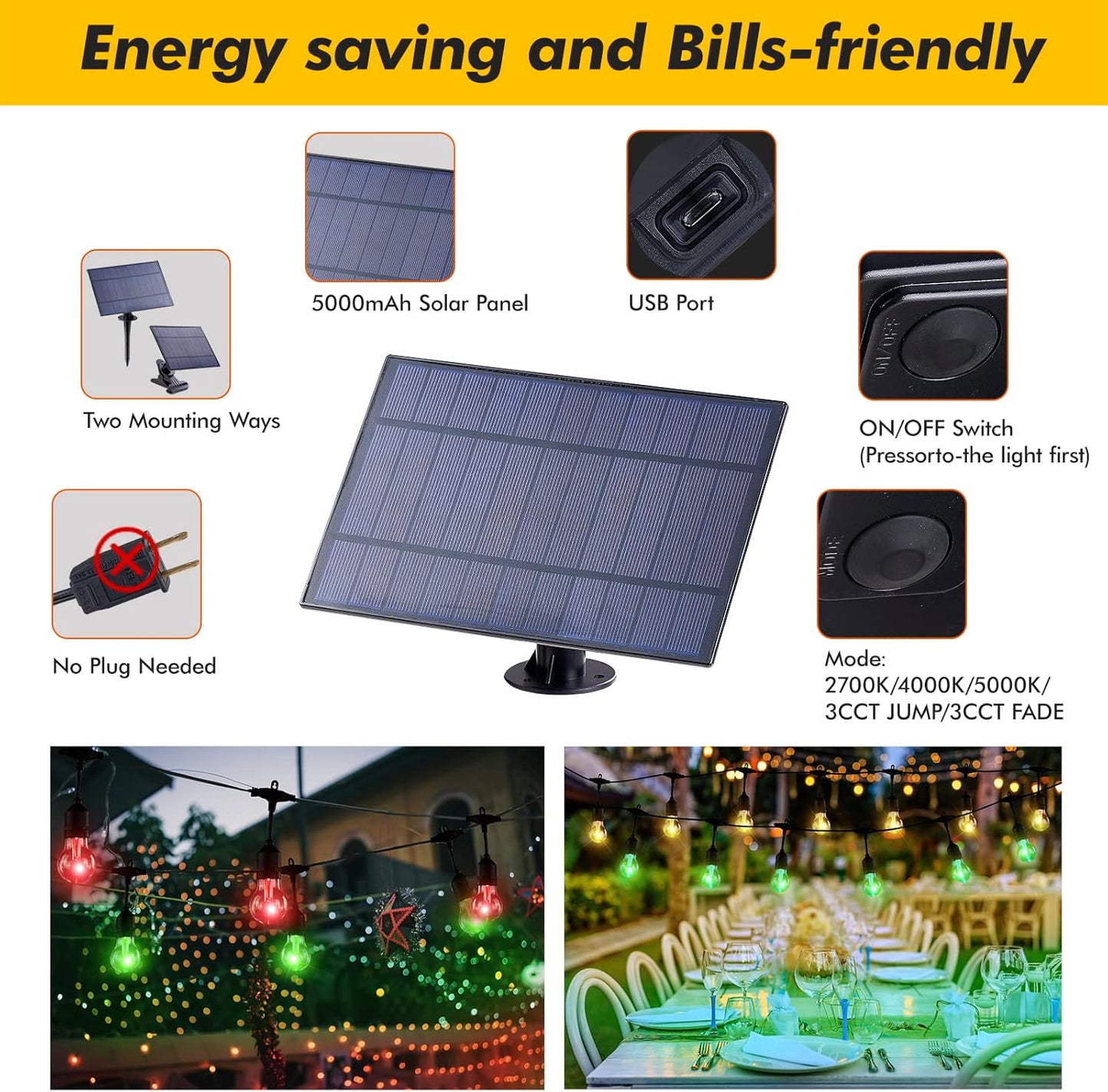Auroraworld Outdoor String Lights RGB, 48FT Dimmable Patio String Lights with Shatterproof Edison Bulbs, Remote, Commercial Lights for Cafe, Patio, Yard, Party
