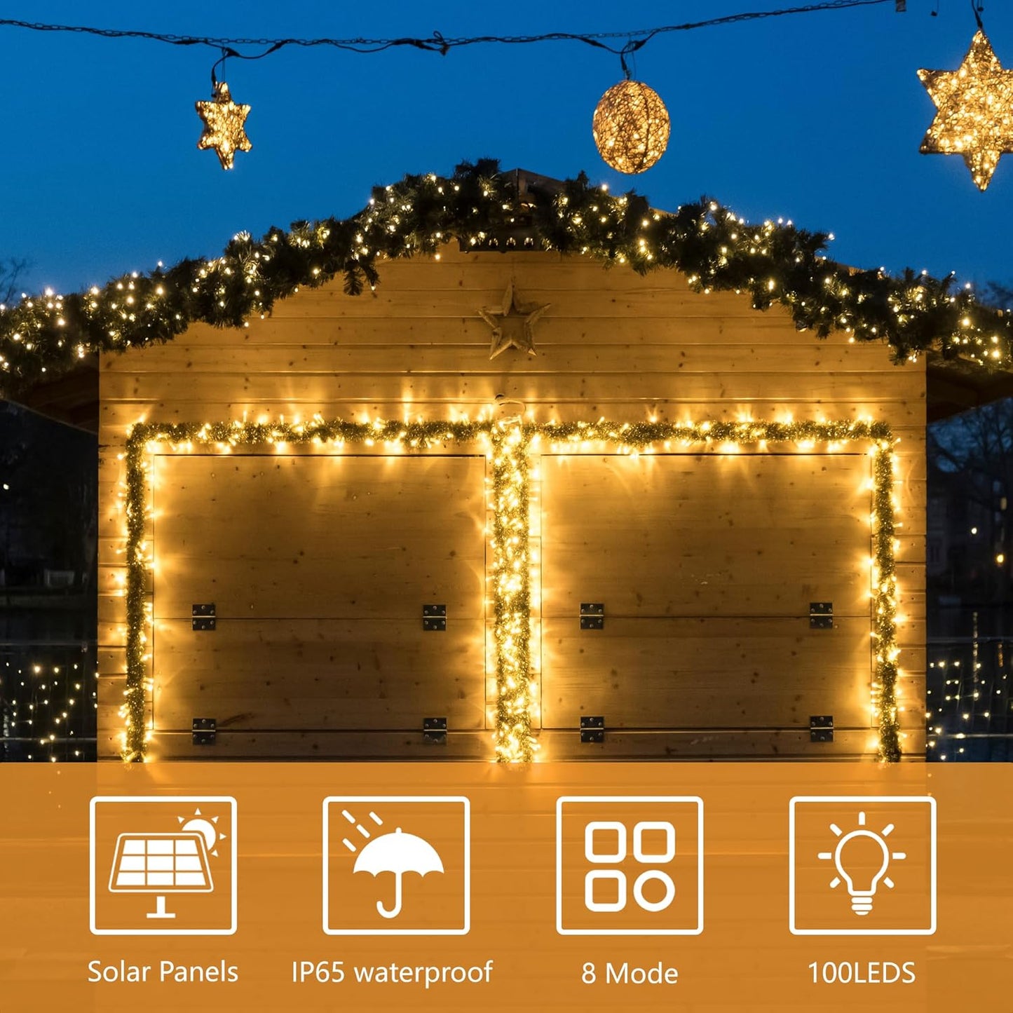 Solar String Lights for Outside, 39Ft 100 LED Solar String Lights Outdoor with 8 Modes ，Solar Christmas Lights Outdoor Waterproof for Yard, Fence,Balcony, Party,Christmas Tree Decorations (Warm White)