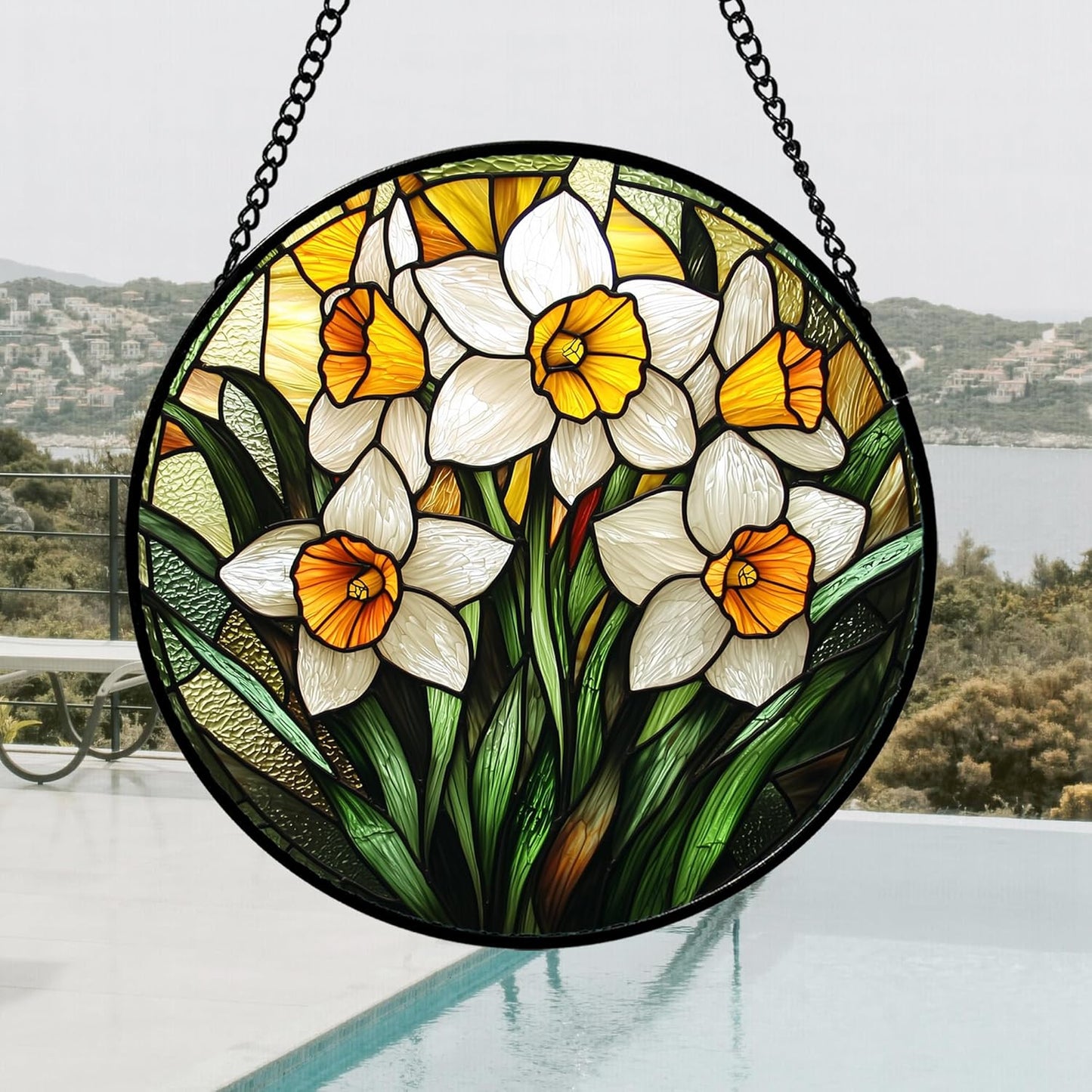 Stained Glass Window Hanging, Yellow and White Daffodils Sun Catcher for Door Home Decor Plants Flowers Suncatcher Christmas Mother's Day Birthday Gifts for Women Men Mom Nana 7.8 in
