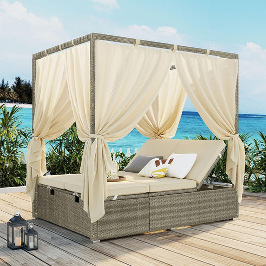 Patio Chaise Lounge,PE Rattan Outdoor Patio Wicker Adjustable Outdoor Sun Bed with Four-sided Canopy and Comfortable Beige Cushion – Versatile Use for Patio, Garden, and Poolside