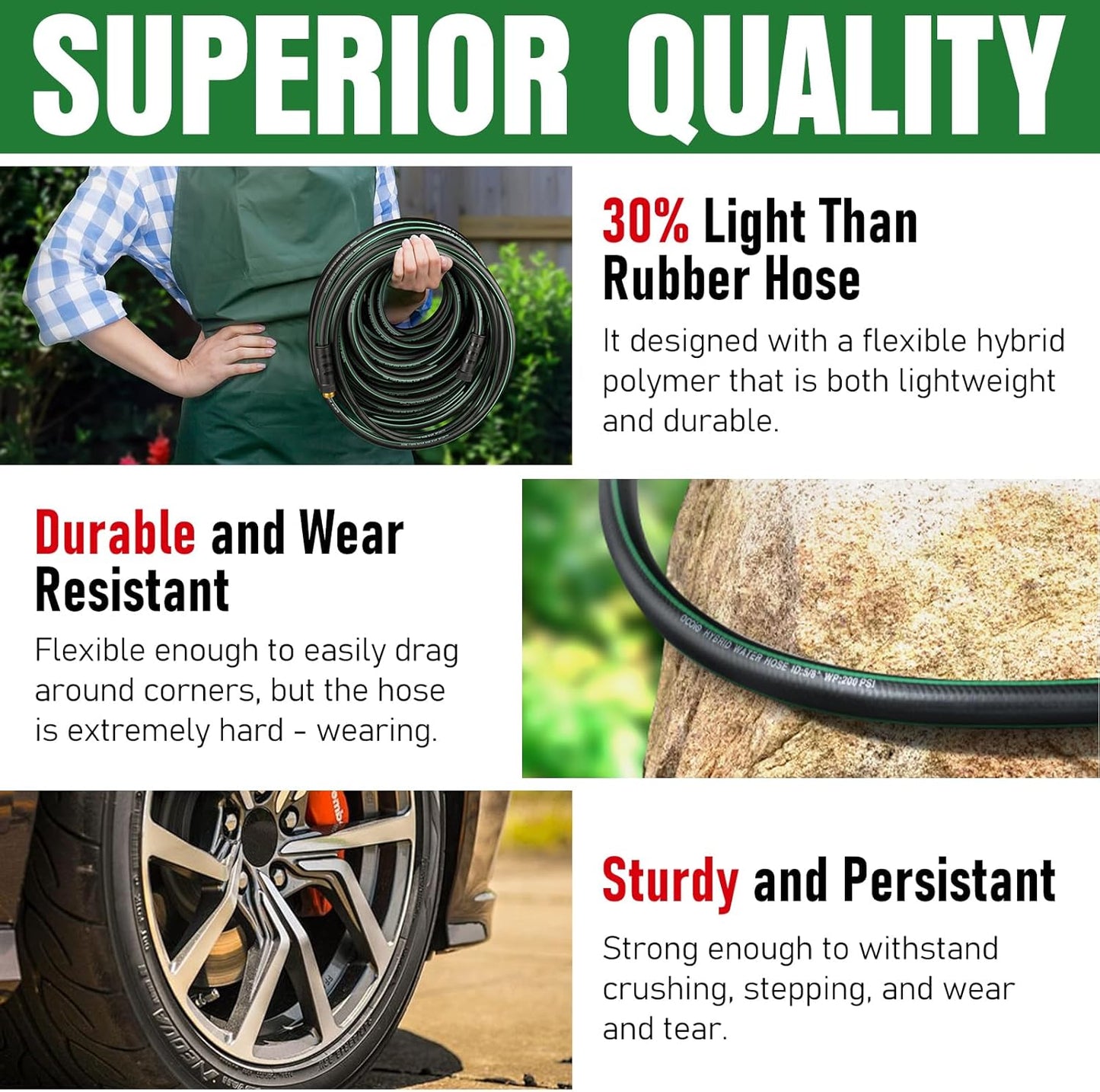 Heavy Duty Garden Hose 10ft, NON-EXPANDABLE Flexible Water Hose, Kink Resistant Lightweight Hybrid Hose, Leakproof Hose Male to Female Fittings