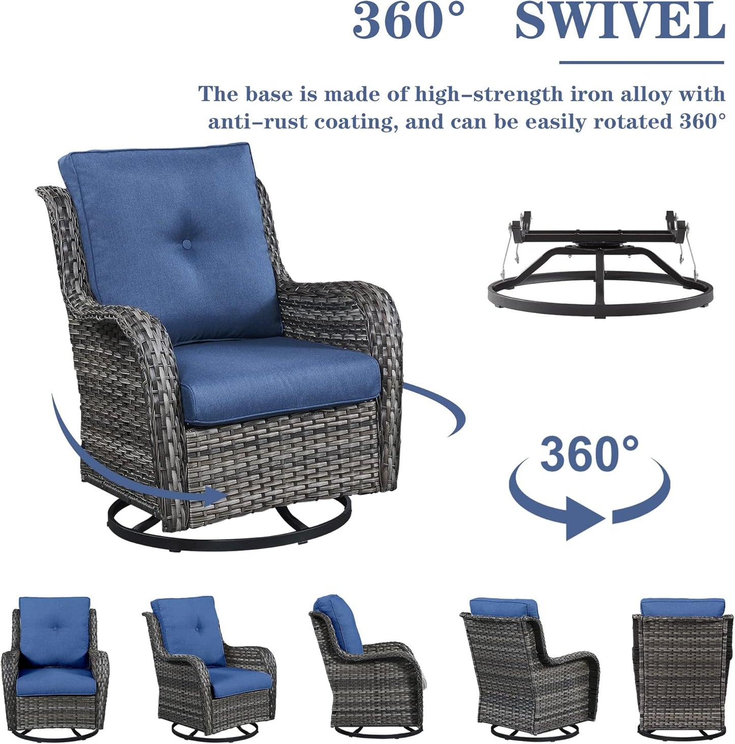 Outdoor Patio Furniture Set with 50000BTU Propane Fire Pit Table, 7 Pieces Wicker Patio Conversation Set with 2 Swivel Glider Rocker Chairs Rattan Sofa Blue Cushion Perfect for Casual Gathering
