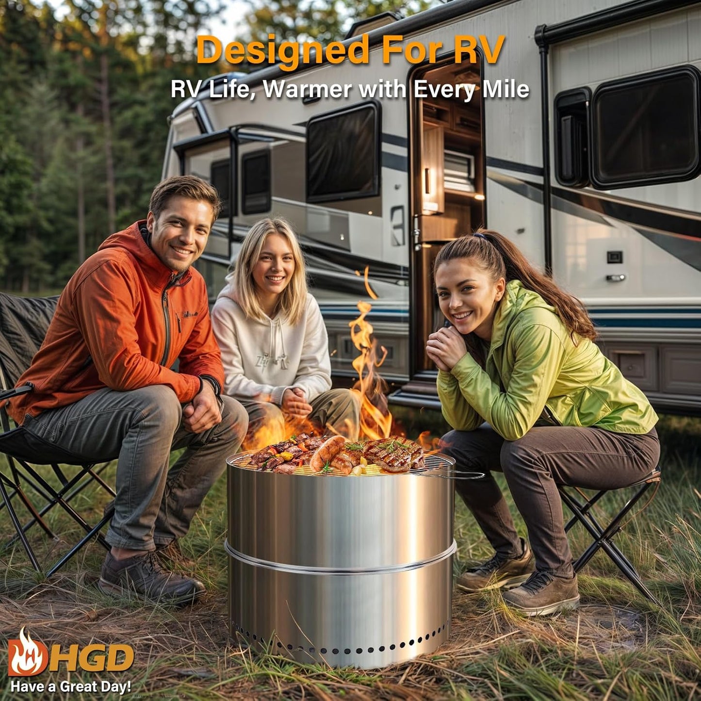 HGD 19.8 Inch Smokeless Firepit with Grill, Portable Wood Burning Fire Pit for Camping & Backyard, Stainless Steel Outdoor Fireplace with Travel Bag, Easy Setup & Compact Storage - Foldable Design