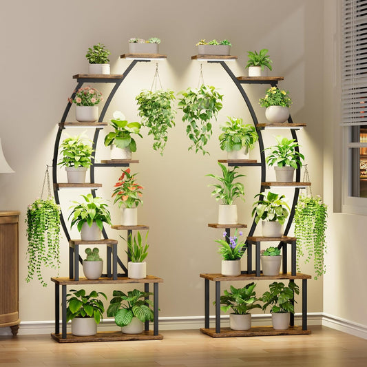 Plant Stand Indoor with Grow Lights, 9 Tiered Metal Plant Shelf, 64" Tall Plant Stand for Indoor Plants Multiple, Large Plant Rack Display Shelves, Curved Plant Holder for Living Room, Patio