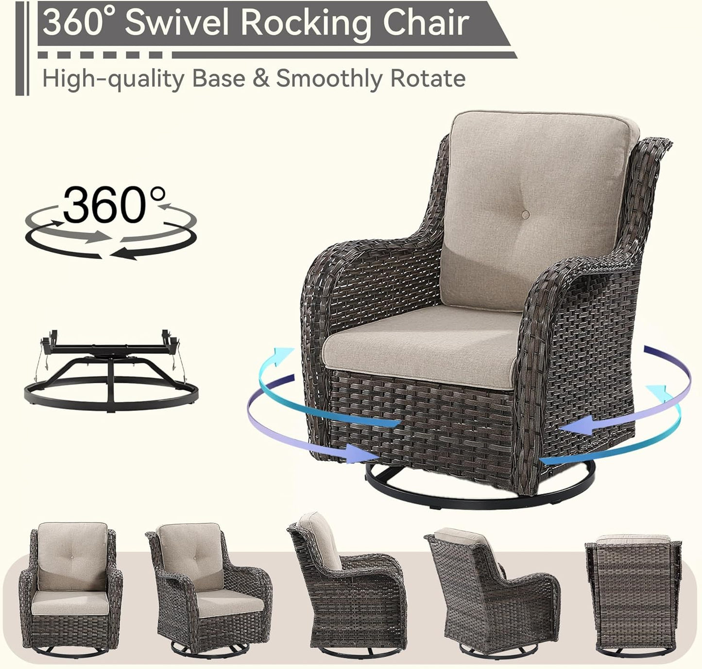 6 Pieces Outdoor Furniture Set - Patio Wicker Swivel Rocker Chair Set of 4 and 2 Side Table, Beige, Mixed Brown Rattan, Suitable for Porch, Yard