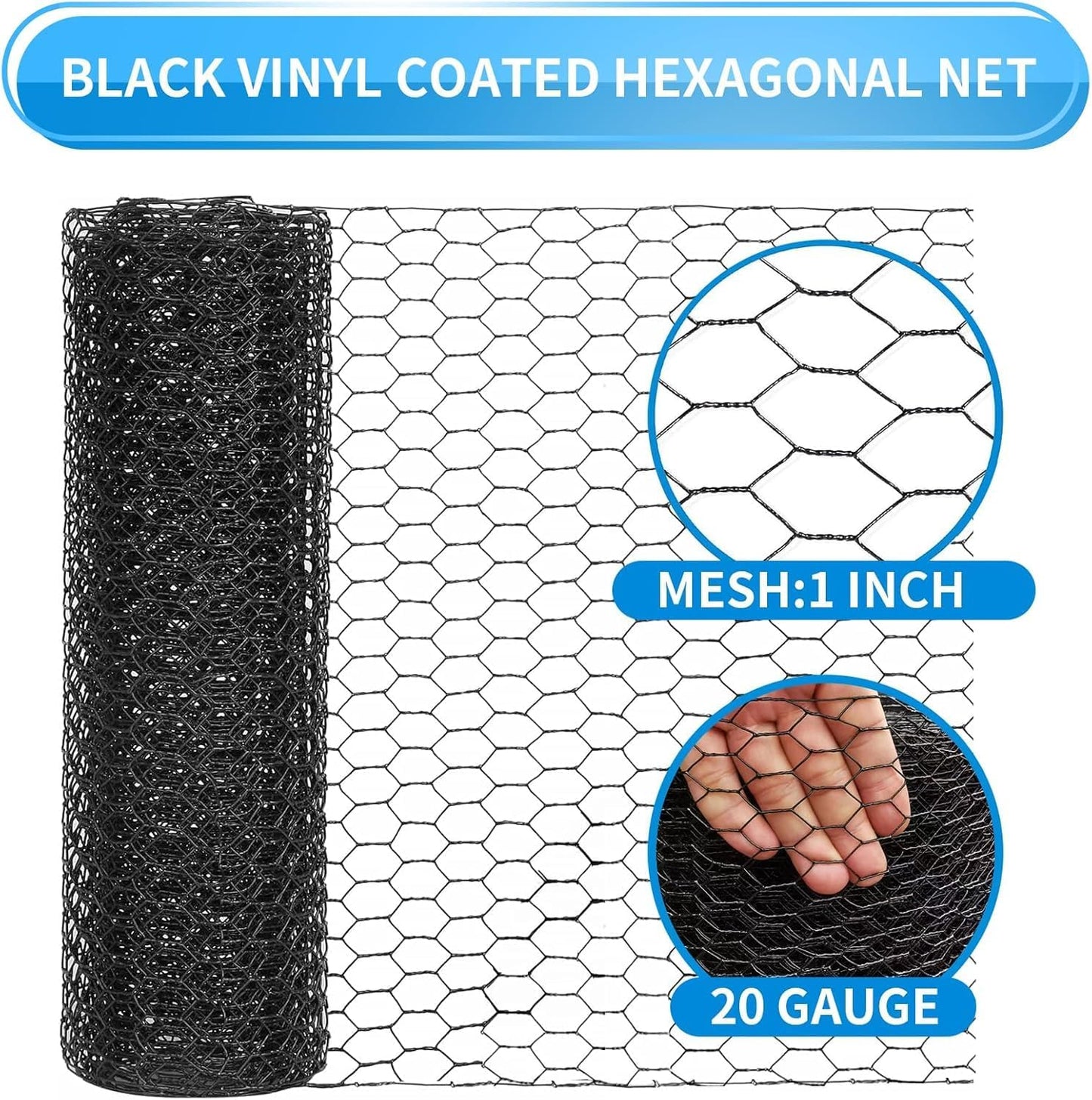 24'' x 50' Black Chicken Wire Fencing, 1 inch Chicken Wire and 20 Gauge Poultry Netting, Garden Mesh Fence Roll for Floral Arrangements,Crafts, Farm,Livestock,Pet Protection