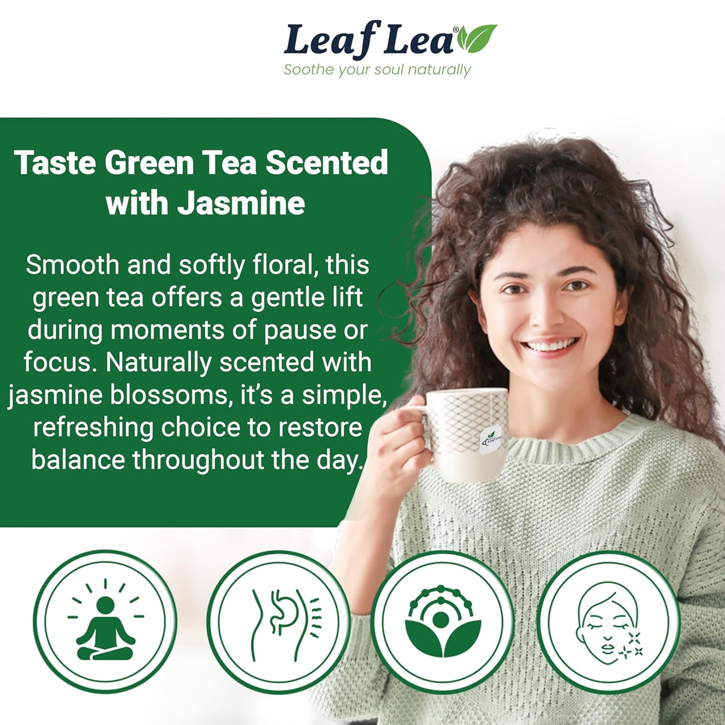 LeafLea 80 Jasmine Green Tea Bags, Green Tea with Natural Jasmine Aroma, Light Focus & Daily Balance, Delicate Floral and Smooth Taste, Caffeinated, Sugar-Free, Non-GMO, Vegan, Individually Wrapped