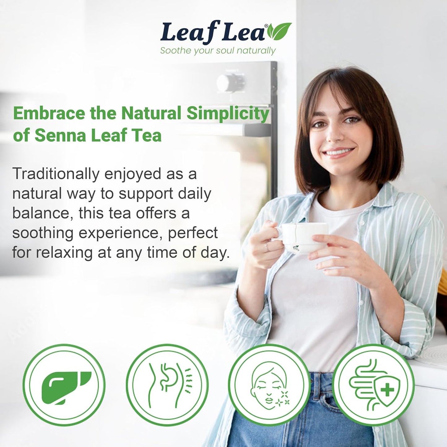 LeafLea 40 Senna Tea Bags – 100% Pure Senna Leaves, Herbal Laxative Tea for Gentle Constipation Relief, Caffeine-Free, Sugar-Free, Gluten-Free, Non-GMO, Vegan, Supports Digestive Health