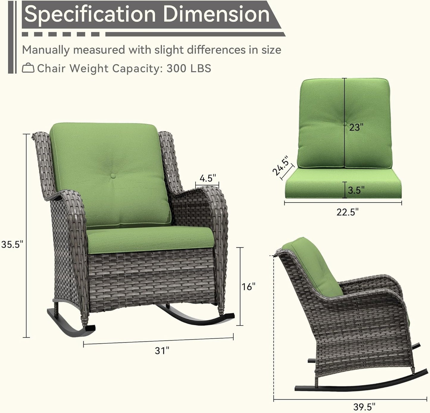 Outdoor Rocking Chair of 2, Wicker Patio Rocker Chair for Yard, Porch, Mixed Brown Grey Rattan, Green Cushions