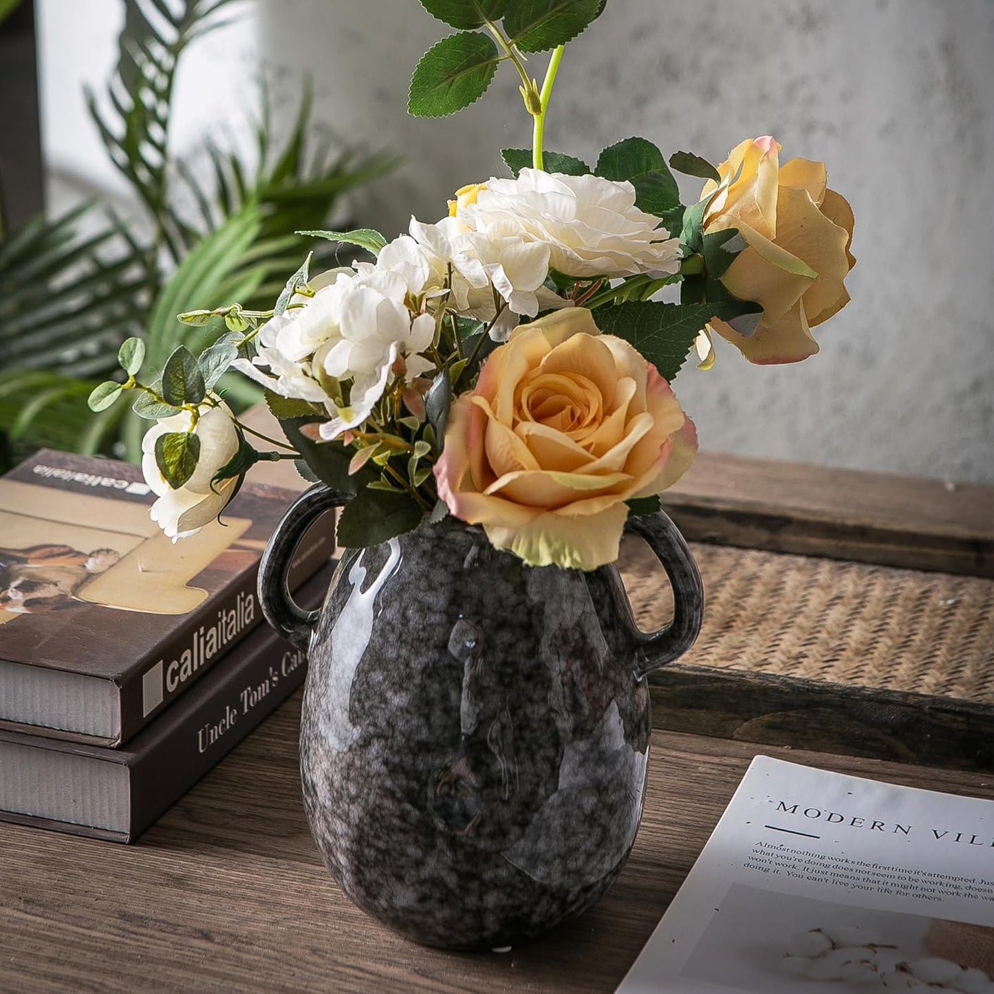 Ceramic Modern Farmhouse Vase with 2 Handles, Black Ceramic Vases for Home Decor, Rustic Pottery Vase, Decorative Terracotta Flower Vase, Boho Clay Vase for Table Living Room Shelf Mantel Decor
