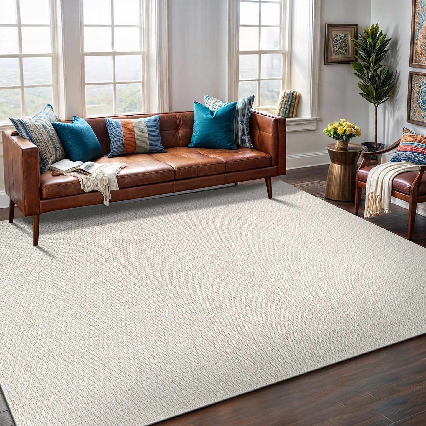 Easy Jute Rug 5x7 Indoor Outdoor Natural Rugs Solid Fiber Rug Woven Area Rug Boho Easy Clean Inside Carpet for Living Room Bedroom Dining Room Hallway or Outdoor Patio Porch (5 X 7 Bone)