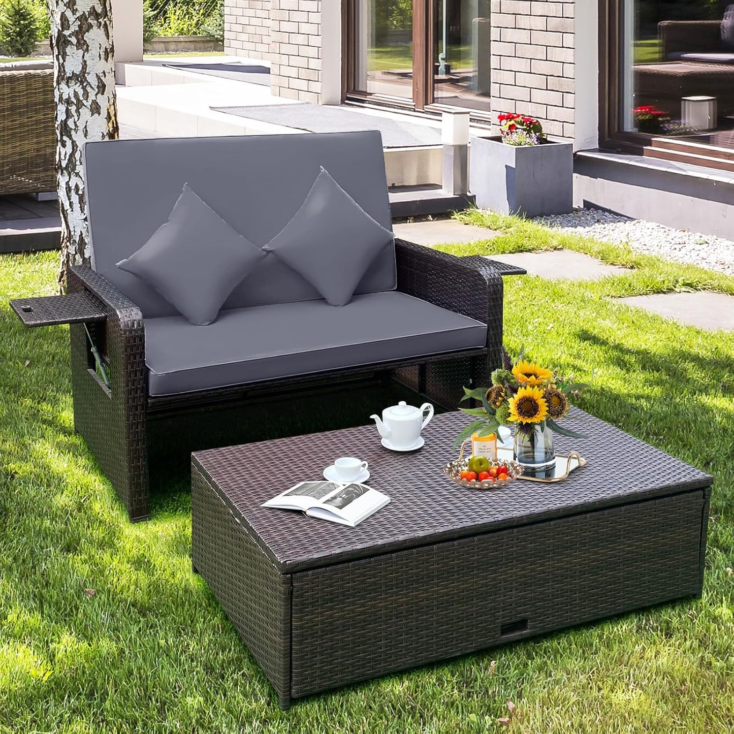 Tangkula Patio Rattan Daybed Set, Wicker Loveseat Sofa w/Multipurpose Ottoman & Retractable Side Tray, 4-Level Adjustable Backrest, Footstool w/Storage, Seat & Back Cushion Included