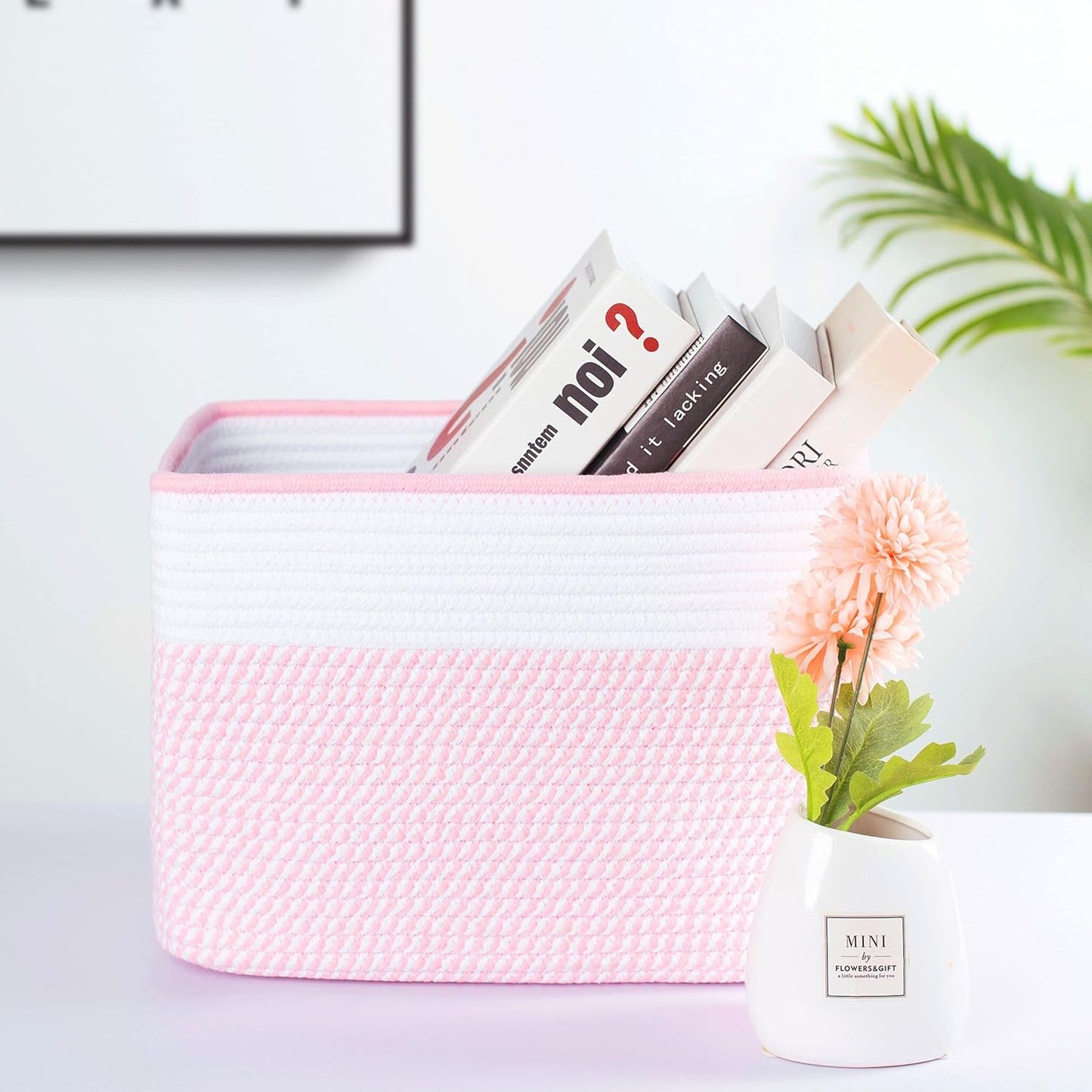 MINTWOOD Design Storage Basket for Shelves, Decorative Baskets for Organizing, Book Basket, Storage Cube Bin Box, Woven Closet Organizer, Pantry Closet and Shoe Basket, Light Pink