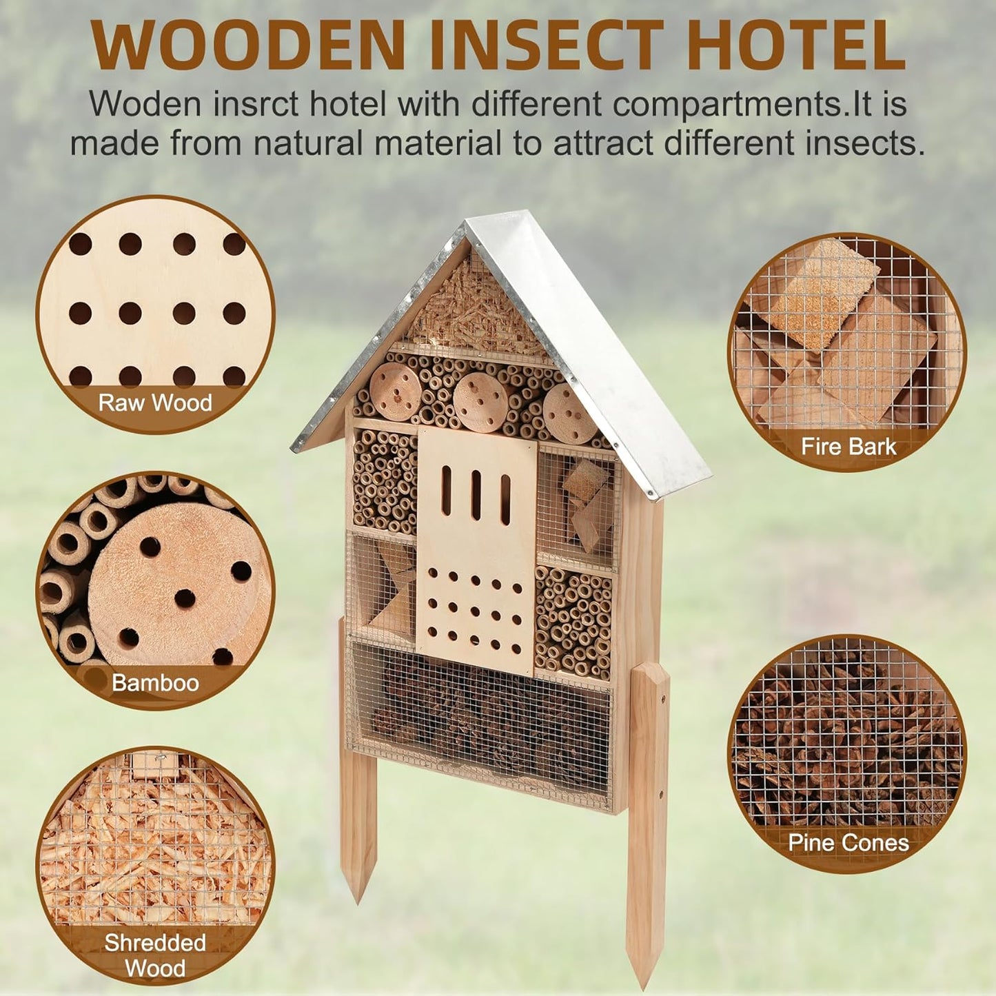 antiai Extra Large Wooden Insect House with Stakes,Wood Mason Bee Butterfly House,Insect Hotel,an Outdoor Bamboo Habitat for Ladybugs Live,Bee Box,Butterfly Habitat for Garden and Yard,30" H x15 W