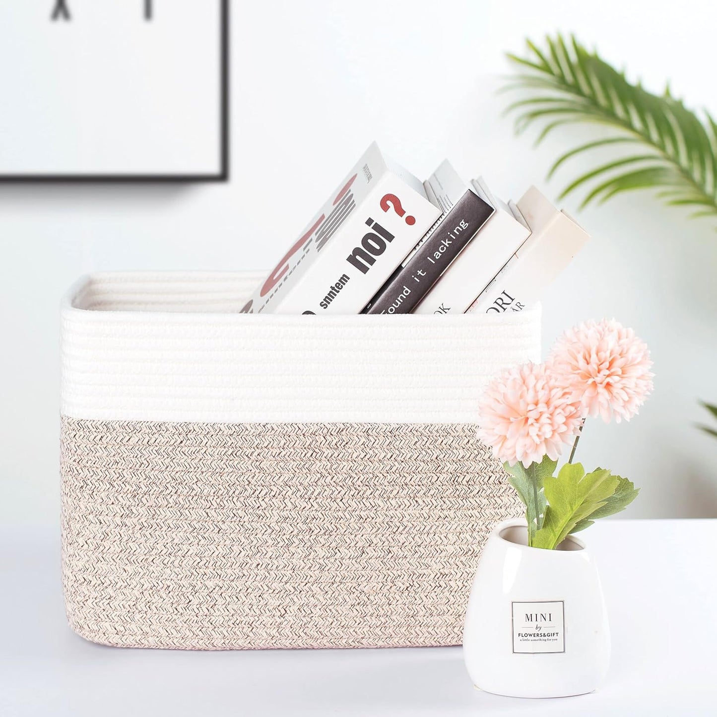 MINTWOOD Design Storage Basket for Shelves, Decorative Baskets for Organizing, Book Basket, Storage Cube Bin Box, Woven Closet Organizer, Pantry Closet and Shoe Basket, Light Brown