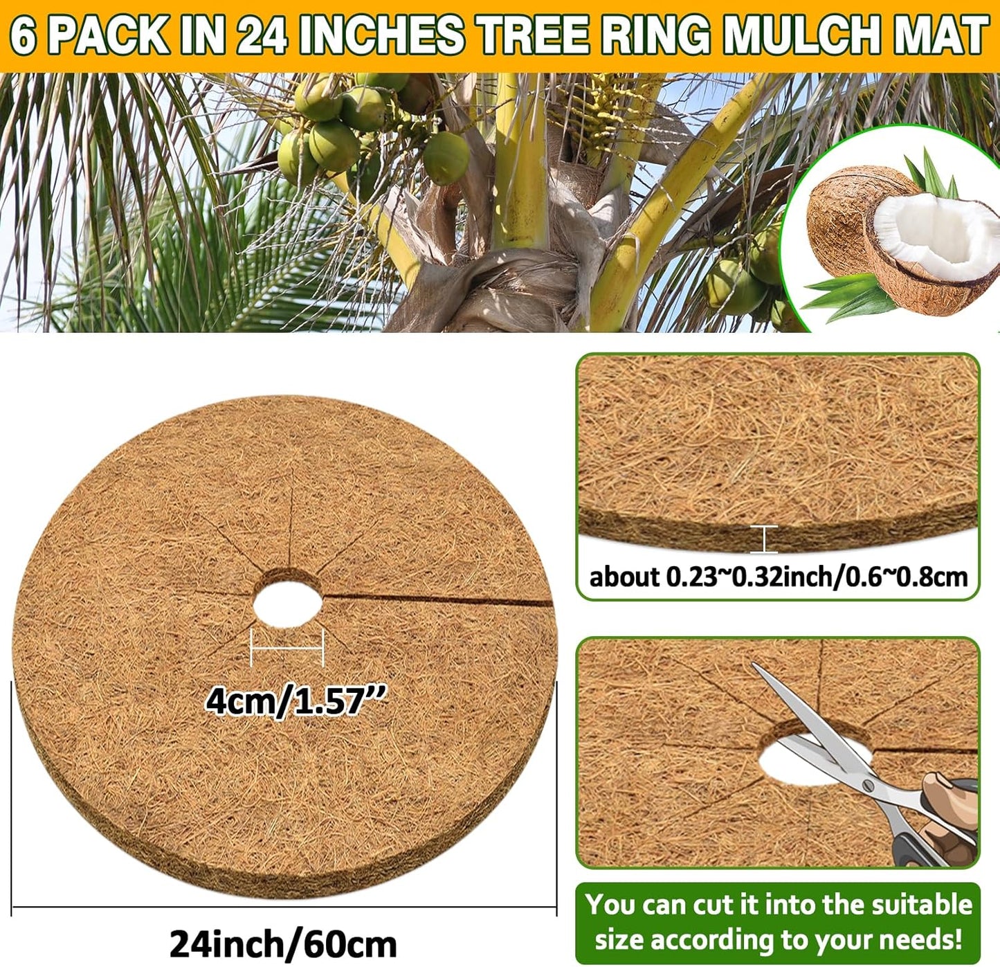 ZeeDix 6 Pack Coconut Fiber Mulch Ring, 24 Inch Coco Coir Tree Ring Mulch Mat, 100% Natural Tree Protector Mat Plant Cover Ring Coconut Coir Discs Tree Mats Mulch Rings for Indoor Outdoor Trees Plants