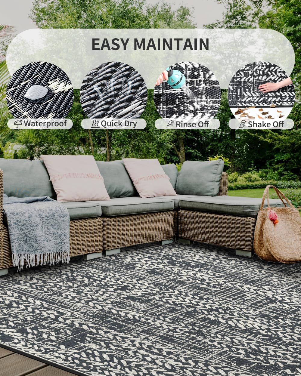 MontVoo Outdoor Rug Waterproof-Patio Rug Mat 5x8 Outdoor Carpet Reversible RV Camping Picnic Plastic Straw Rug Outside Outdoor Area Rug for Balcony Deck Backyard Patio Decor Boho Modern Abstract