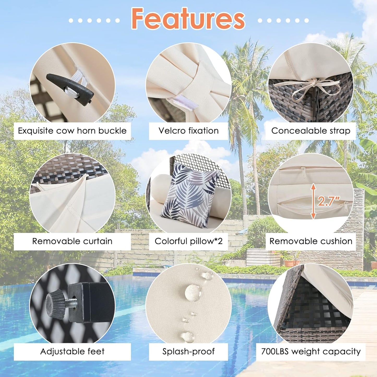 kevinplus Outdoor Patio Sunbed Daybed with Tent for Garden Backyard Pool, Adjustable Feet & Weather-Resistant Rattan Material, Beige