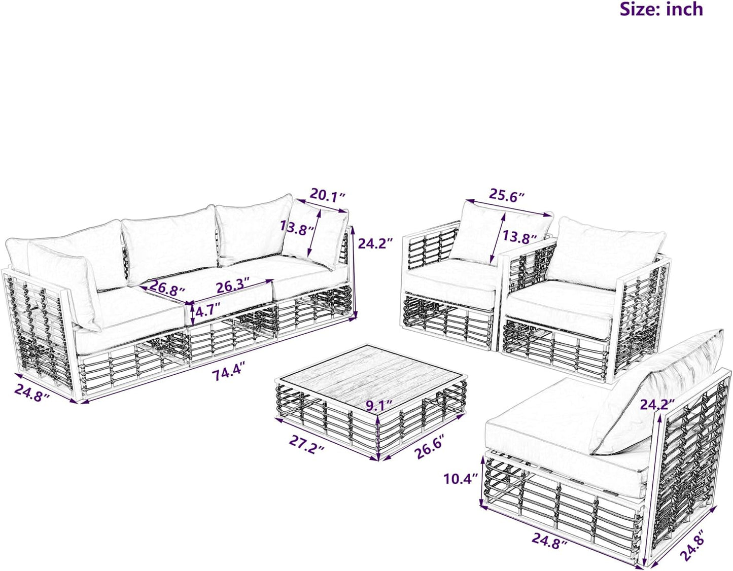 7-Piece Metal Patio Sectional Sofa Set, Free Combination Sofa Set with Coffee Table, All-Weather Garden Conversational Furniture Set with Thick Cushions and 8 Pillows (White Frame+Beige Cushion)