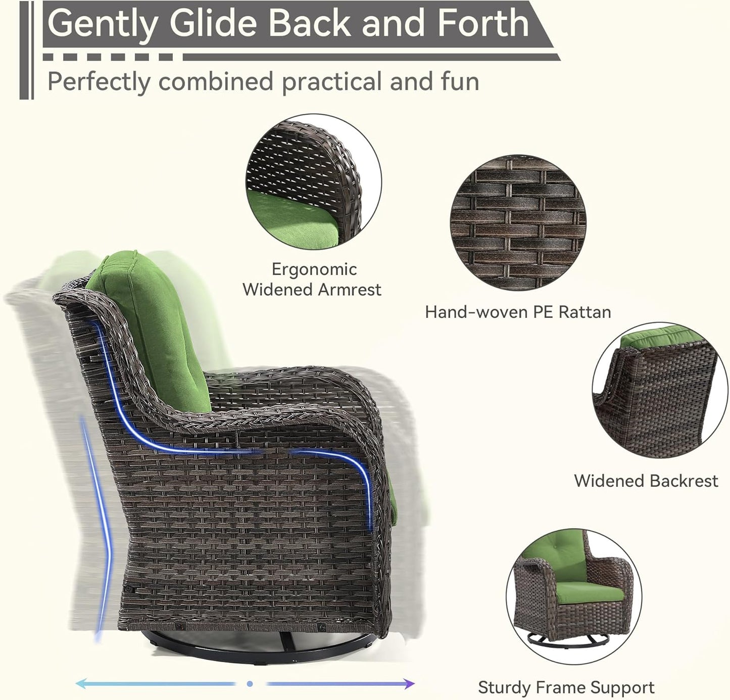 6 Pieces Outdoor Furniture Set - Patio Wicker Swivel Rocker Chair Set of 4 and 2 Side Table, Green, Mixed Brown Rattan, Suitable for Porch, Yard