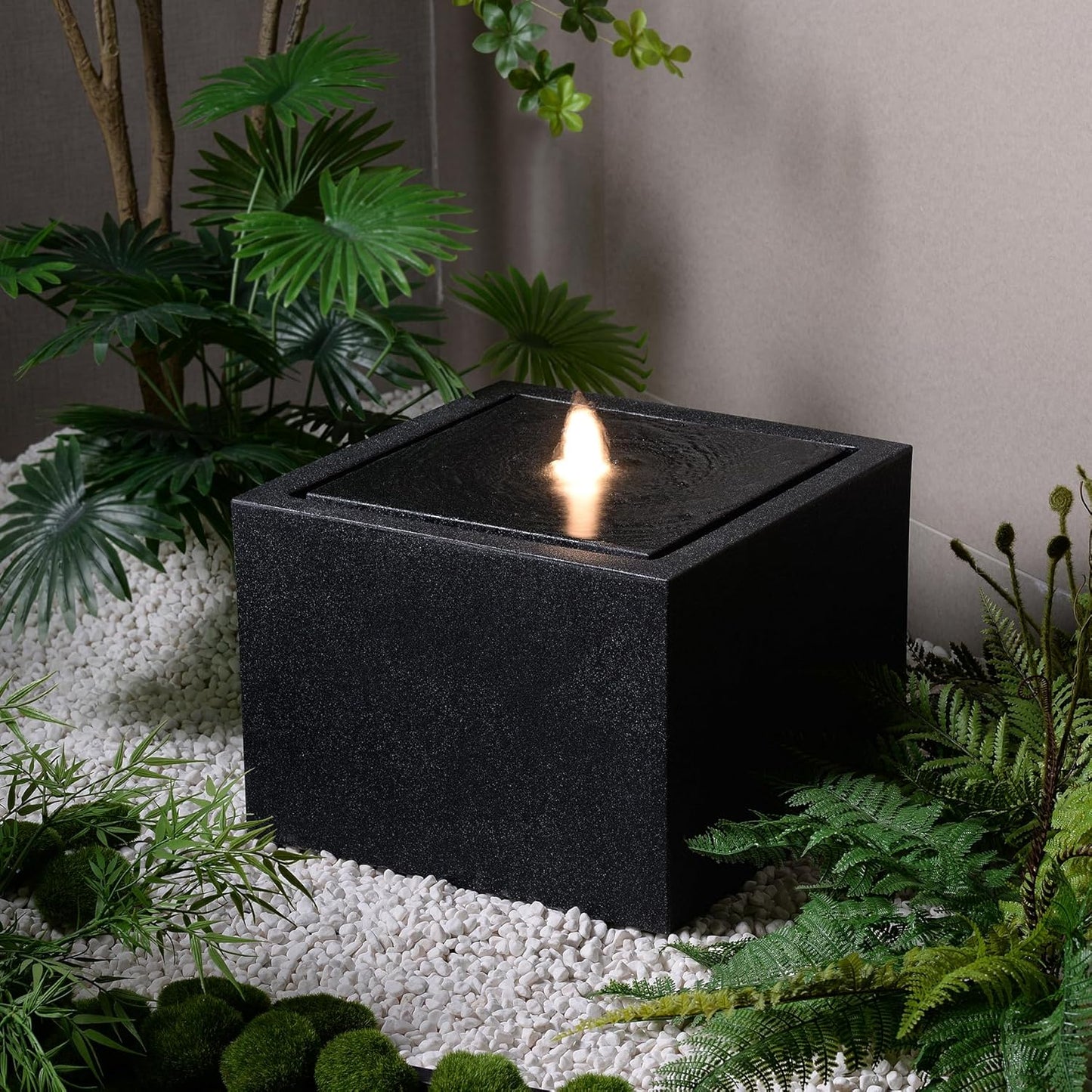 12.79” H Outdoor Water Fountain Made with Eco-Friendly Recyclable Materials, Polyethylene Square Bubbler Outdoor Fountain, Garden Decor with LED Light for Patio, Porch, Backyard