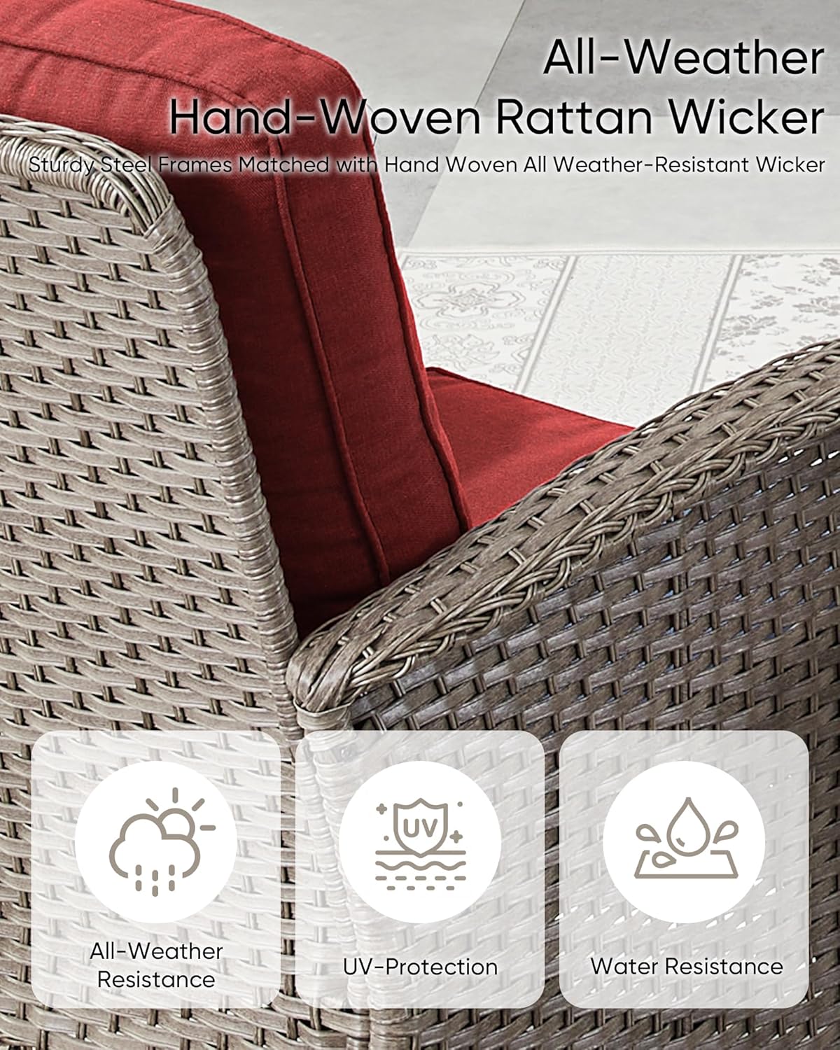 HUMMUH Wicker Patio Furniture Set-All Weather Rattan Patio Sofa Set with Swivel Rocker Chairs Outdoor Conversation Set for Deck Lawn Porch Balcony Poolside-Grey/Red
