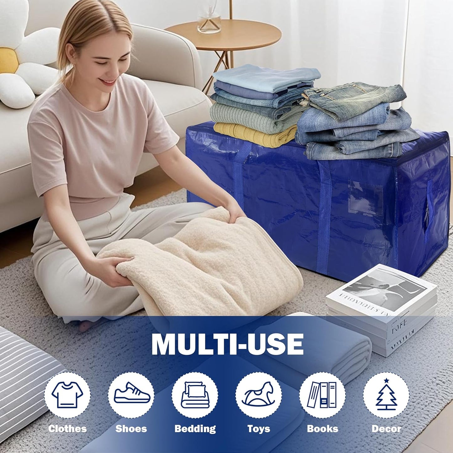 16 Pack Extra Heavy Duty Large Moving Bags with Strong Zipper & Carrying Handles, Sturdy Clothes Storage Bags Totes Bins, Packing Moving Boxes College Supplies, Dark Blue - 40 gal