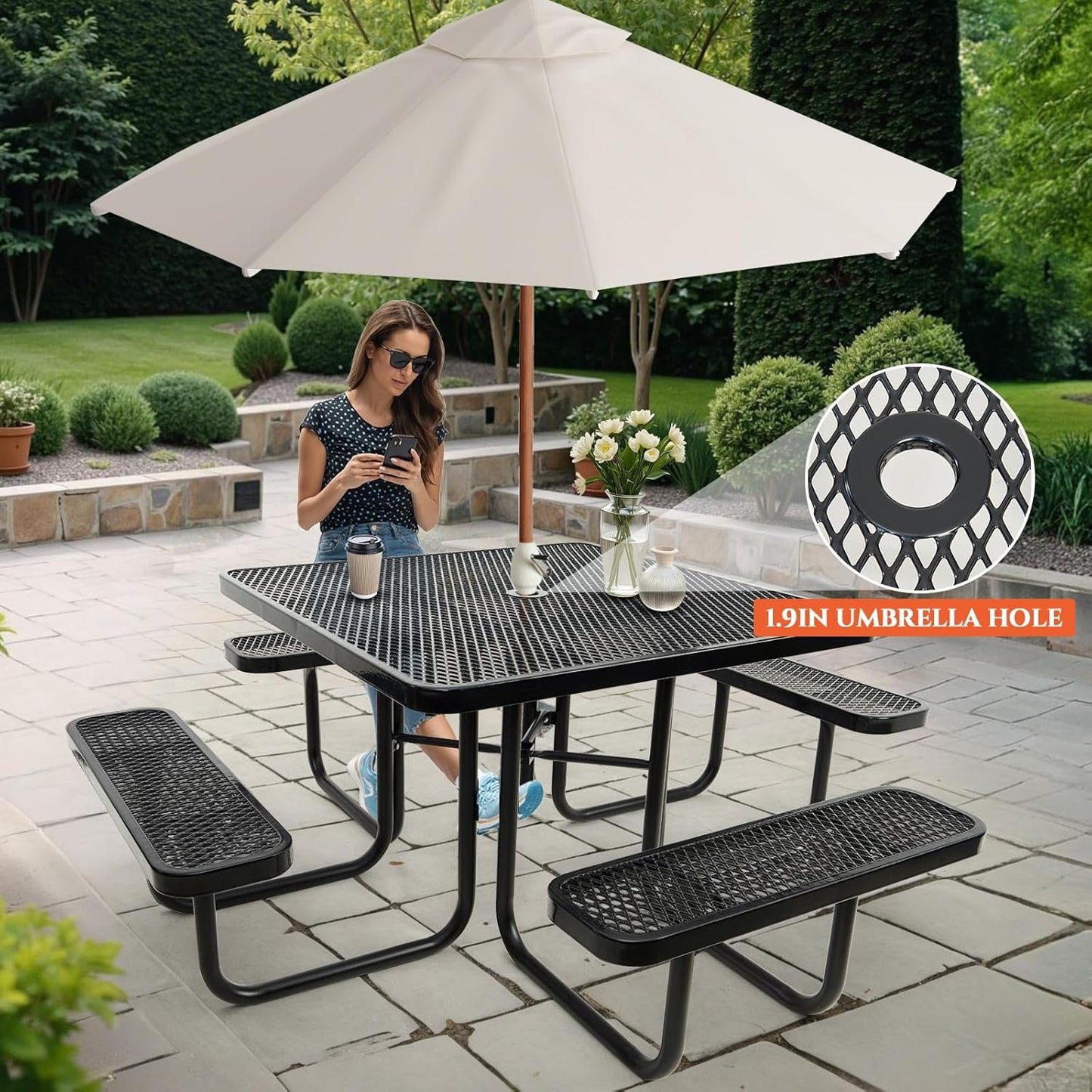 Heavy-Duty Park Bench or Table for Outside - Black Coated Outdoor Furniture Steel Bench, Commercial-Grade Outdoor Benches Weatherproof for Park, Patio, Porch (Black, 46” (Sq. Table))