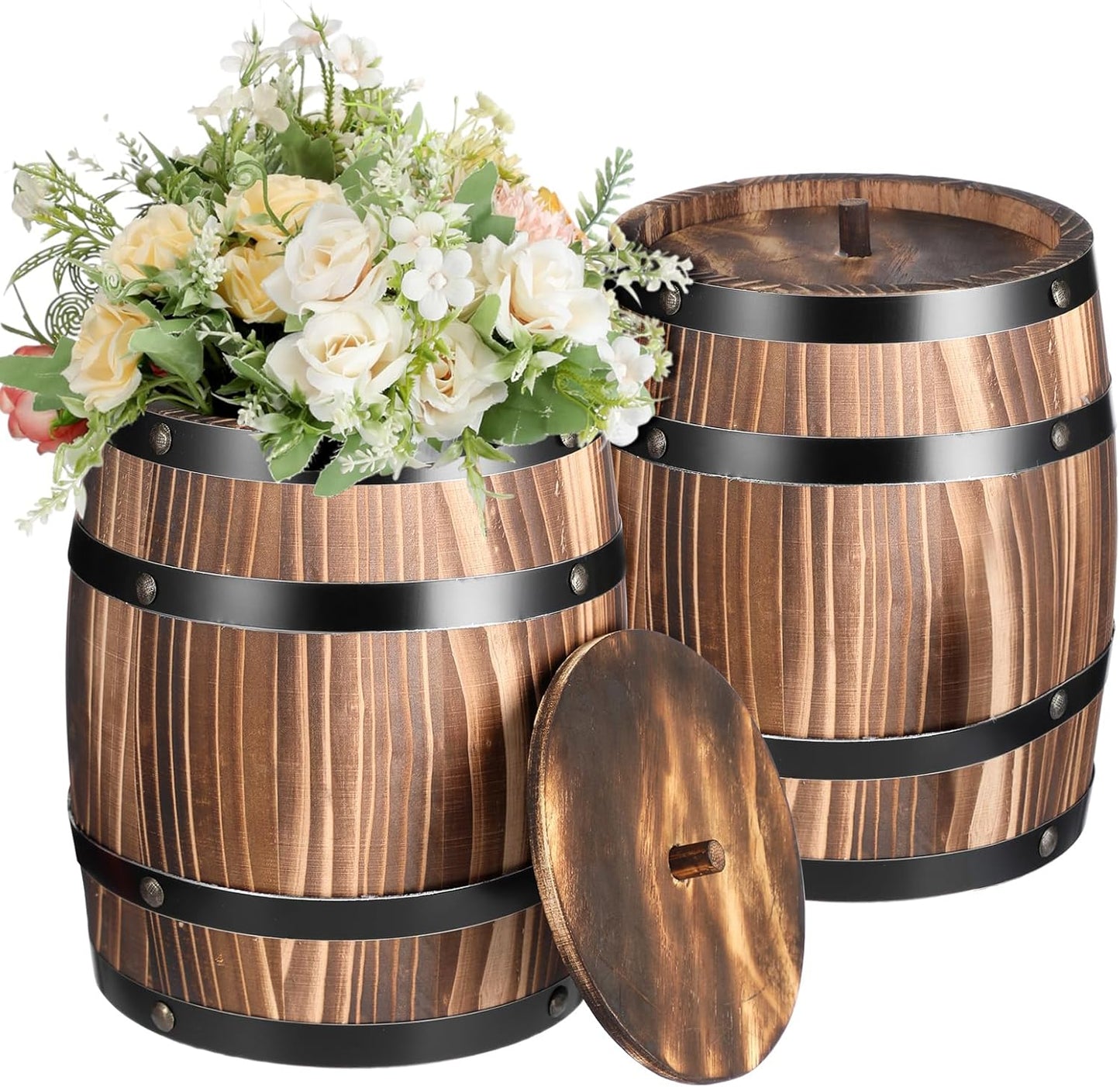 2 Pcs Wood Wine Barrel Vase 8" x 6.5" Vintage Flower Vase Container Rustic Barrel Planter for Wedding Reception Table Decoration Home Indoor Outdoor Garden Kitchen Party
