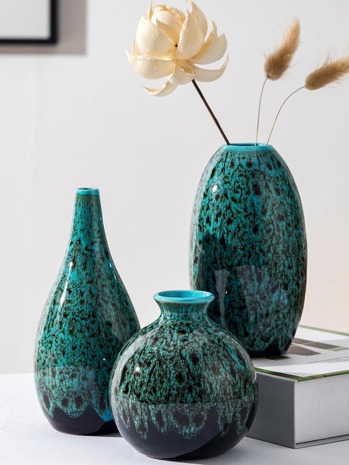 Ceramic Bud Vase Set, Fambe Blue Glazed Finish, Decorative Flower Vases (Blue-Set of 3)