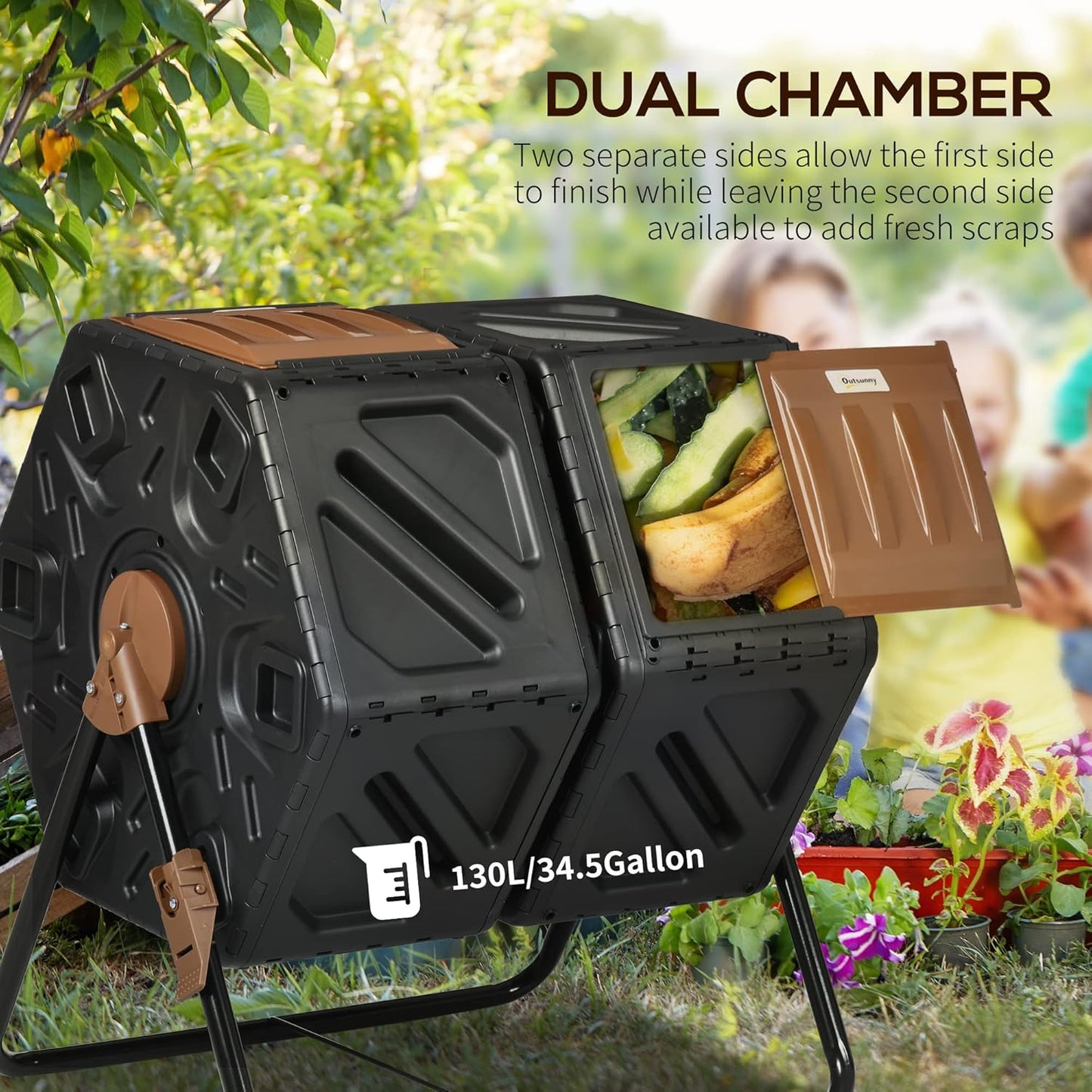 Compost Bin Outdoor, 43 Gallon Dual Chamber Tumbling Composting with Sliding Doors, Large Compost Tumbler, Compost Bin for Garden, Kitchen, and Yard Waste, Black+Brown