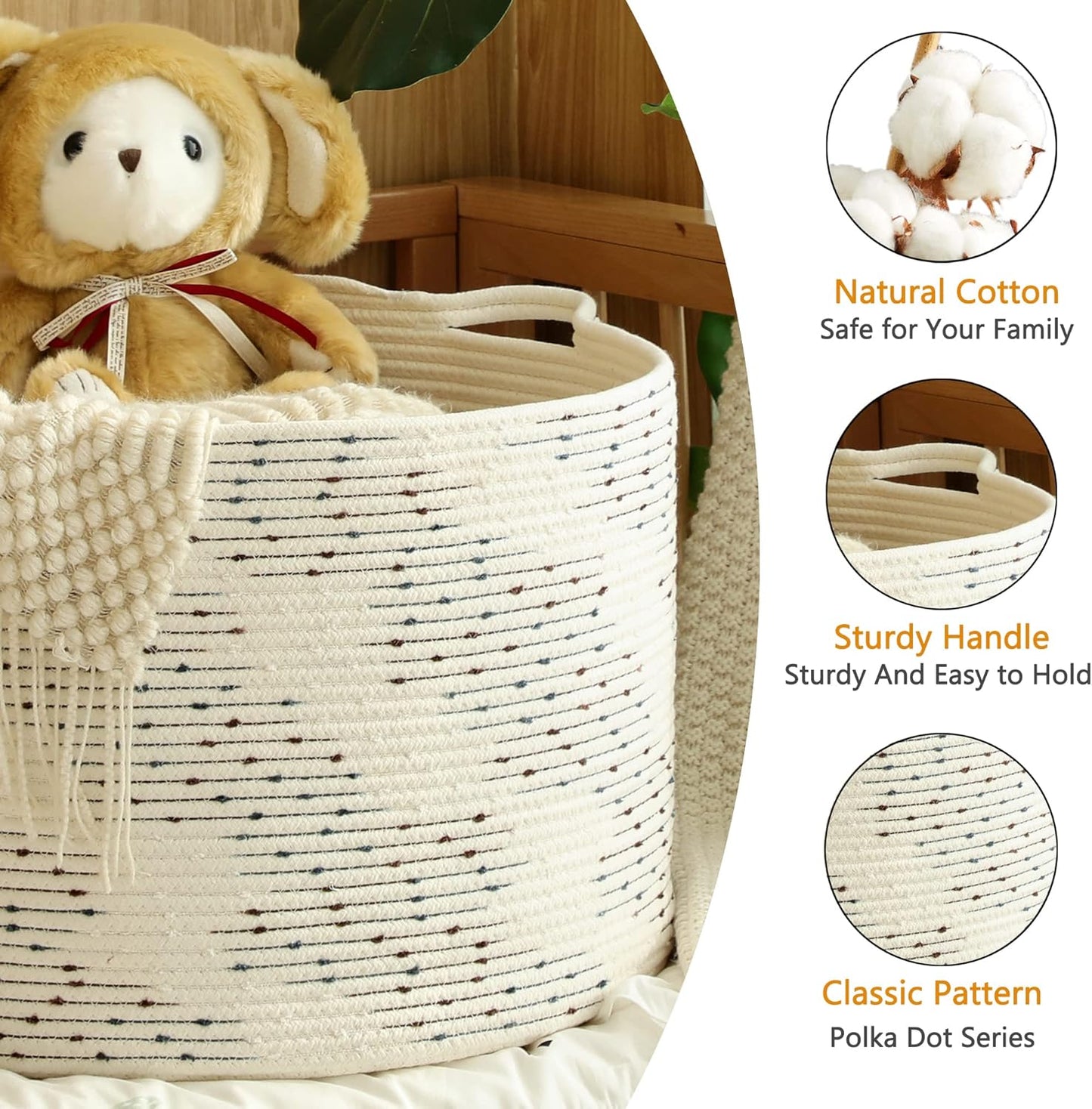 KAKAMAY Large Blanket Basket (20"x13"),Woven Baskets for storage Baby Laundry Hamper，Cotton Rope Blanket Basket for Living Room, Laundry, Nursery, Pillows, Off White with Blue & Brown Dotted Pattern