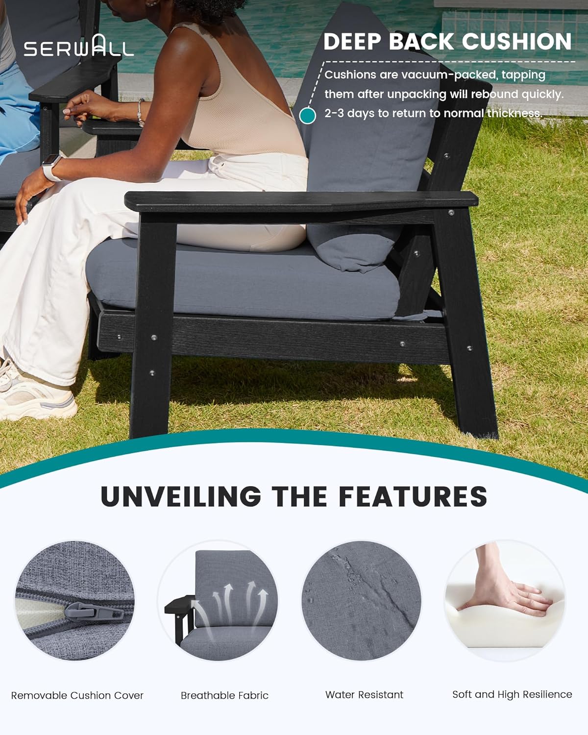 SERWALL HDPE Outdoor Furniture Set, 7 Piece All Weather Wood-Like Outdoor Sofa Sectional Couch, Black Patio Furniture Set with Grey Cushions