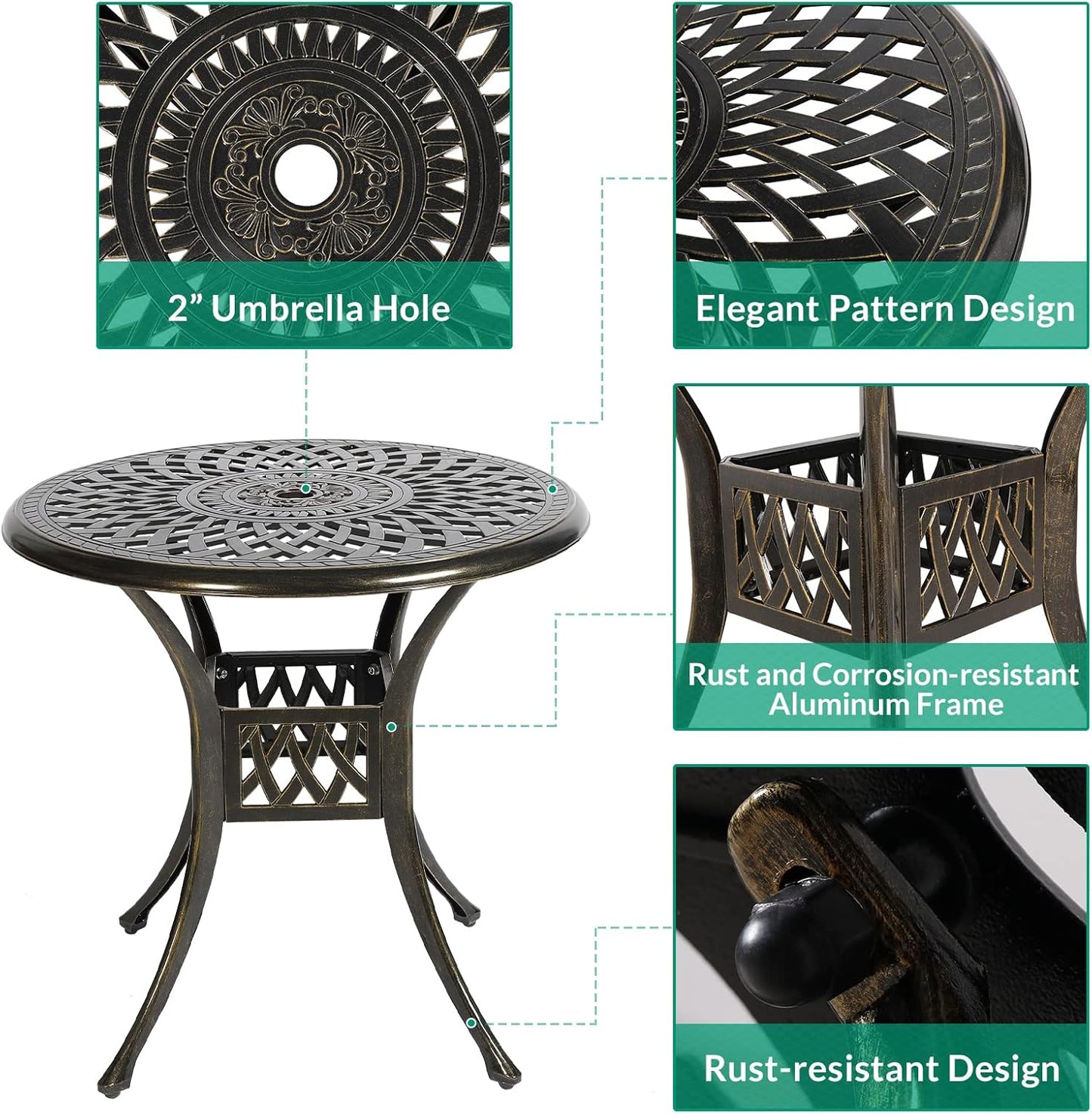 VIVIJASON 3-Piece Patio Bistro Set, All-Weather Cast Aluminum Outdoor Furniture Dining Sets Include 2 Cushioned Chairs and 31" Round Table w/Umbrella Hole for Balcony, Backyard, Ocean Blue Cushion