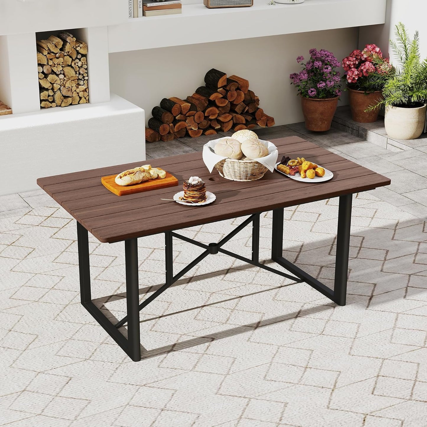 HAPPATIO Outdoor Acacia Wood Dining Table, 6-Person Patio Dining Table with Powder-Coated Aluminum Frame, Rectangle Outdoor Dining Table with Umbrella Hole for Deck Yard Garden