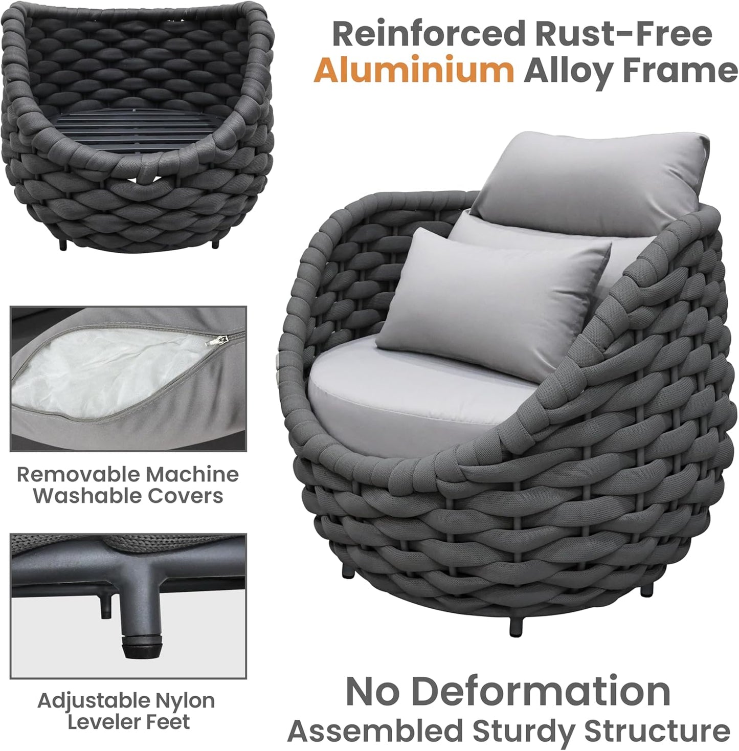 4 Pieces Courtyard Seating Set: Aluminum Woven Rope Patio Furniture Chair Set - All Weather Metal Outdoor Conversation Set - Assembled Armchair w/Table for Bistro Deck Porch Balcony Apartment
