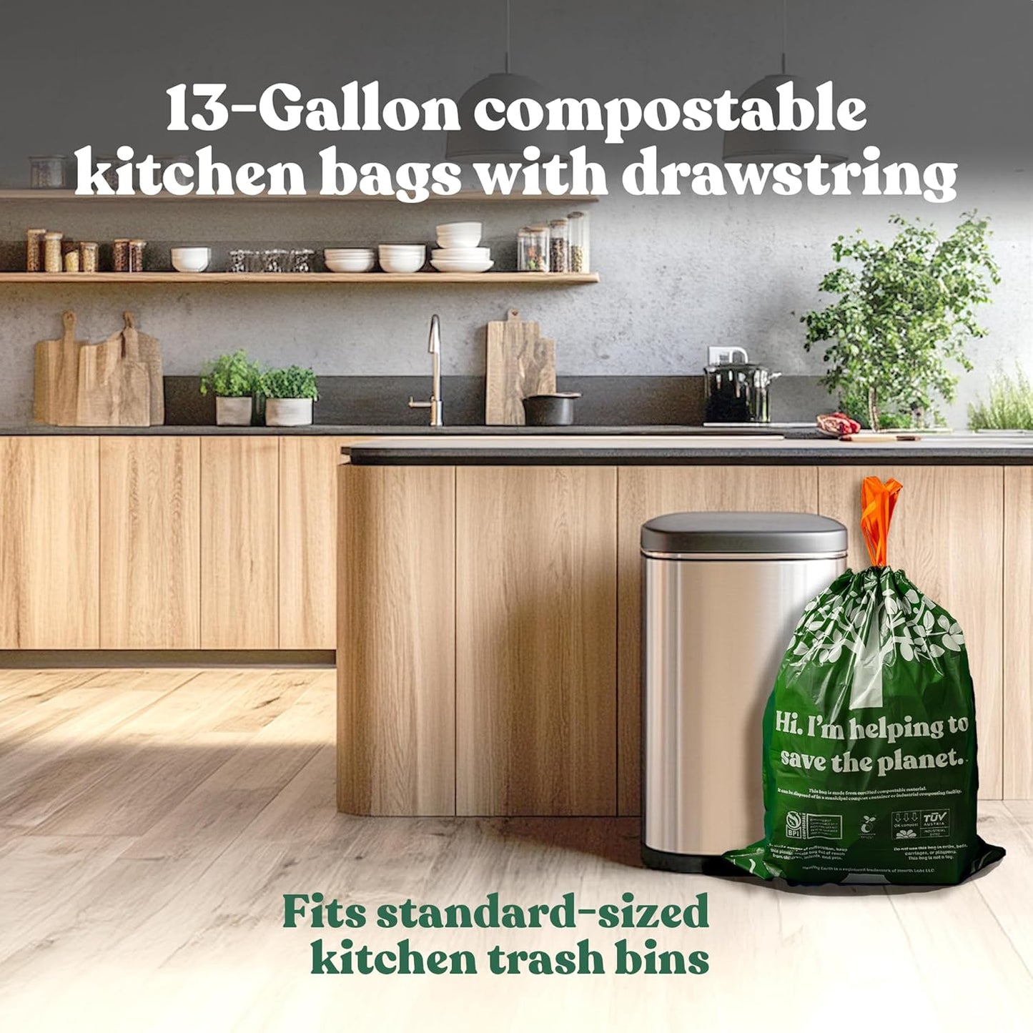 Healthy Earth 13 Gallon Compostable Trash Bags – Tall Kitchen Garbage Bags with Drawstring Handles, Extra Thick Plant-Based Liners, BPI & TÜV Certified ASTM D6400, Heavy Duty Leak-Proof (30 Count)