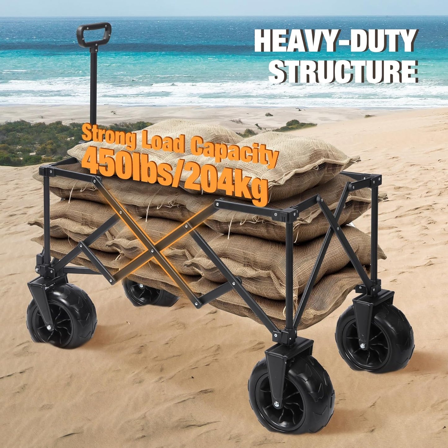REDCAMP Collapsible Beach Wagon with 9" Big Wheels for Sand, 450lb Heavy Duty Foldable Beach Cart with All-Terrain Balloon Style Foam Wheels for Gravel, Sand, Camping, Groceries, Garden