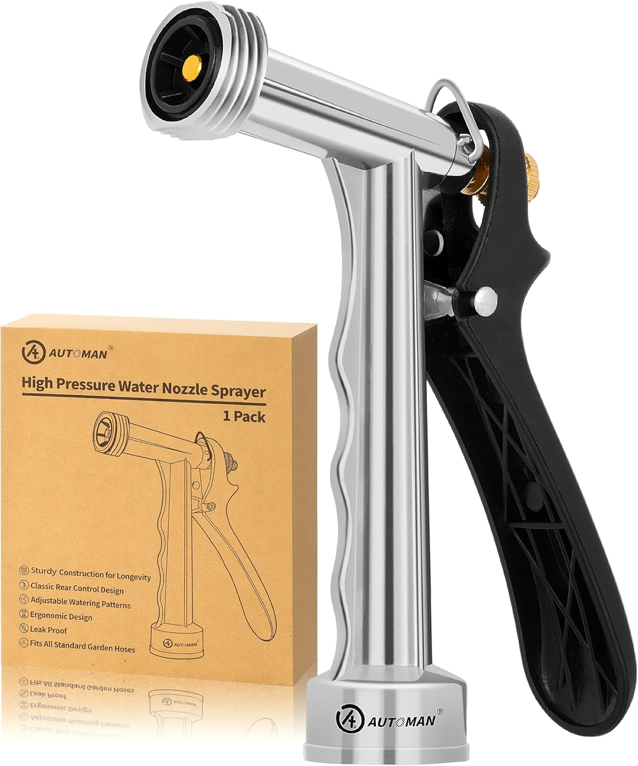AUTOMAN Garden Hose Nozzle, 1 Pack High Pressure Nozzle, Full Size Pistol Grip Water Sprayer with Threaded Front, Adjustable Spray Water Flow for Car Washing, Plants Watering, Pets Showering, Cleaning