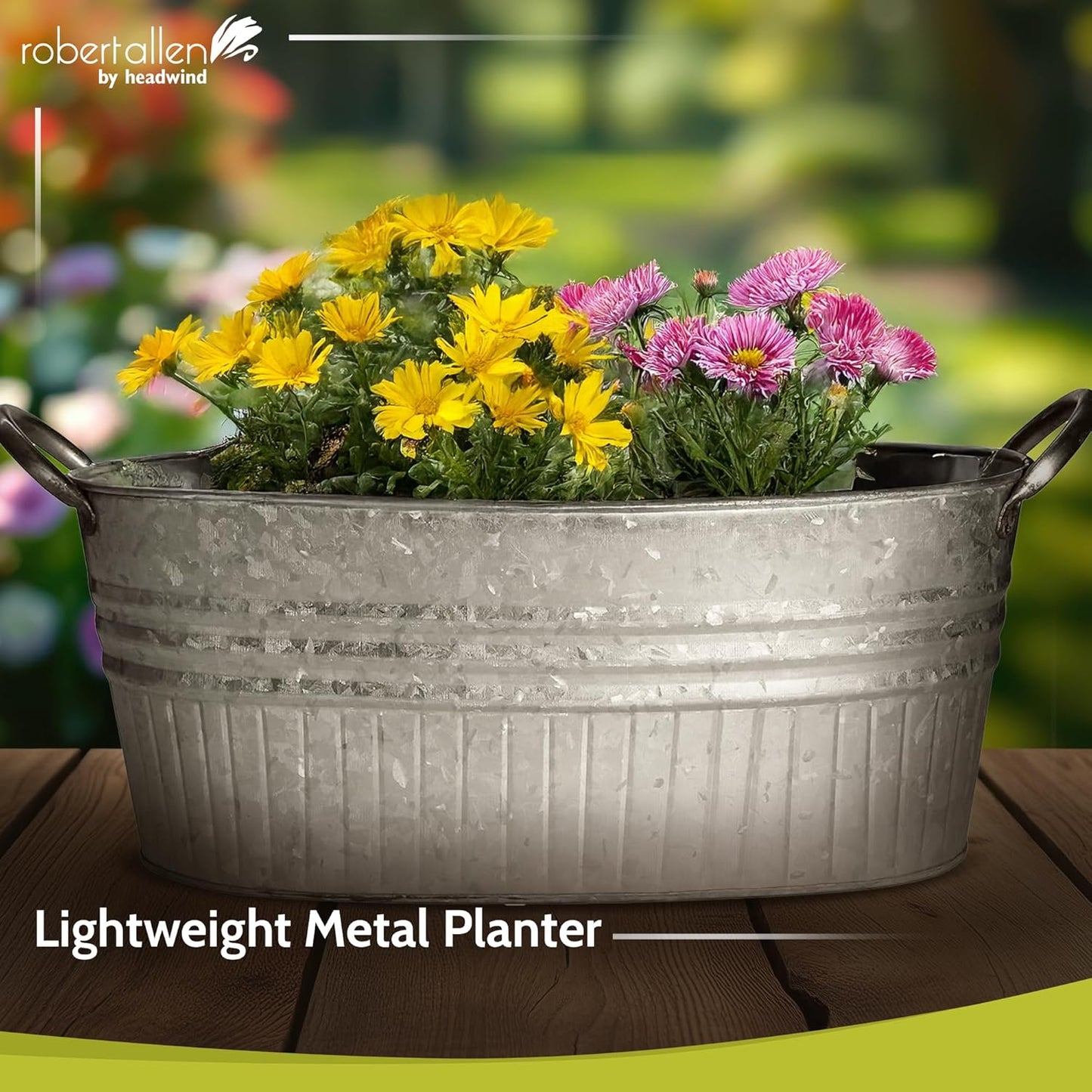 Headwind Oval Galvanized Tubs Planter with Handles – 12 Inch Lightweight Steel Indoor Oval Plant Pot with Drainage Holes – Large Galvanized Tub Flower Bucket – Outdoor Planter by Robert Allen
