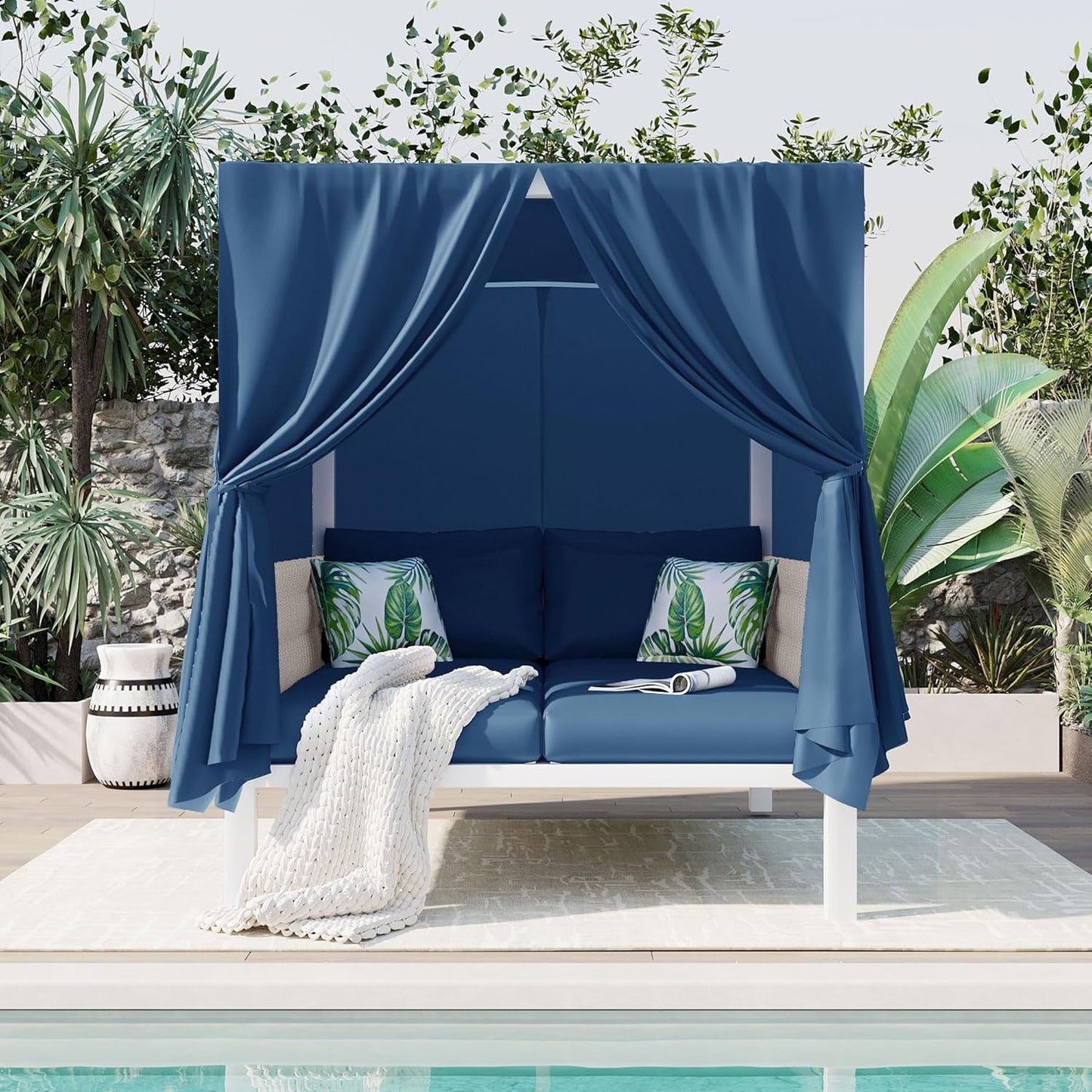 Polibi Outdoor Patio Sunbed with Blue Curtains,Outdoor Sun Lounger Bed with Pillows,Rubber Core Rope Weaving Outdoor Double Chaise Lounge Suitable for Pool,Garden,Blue