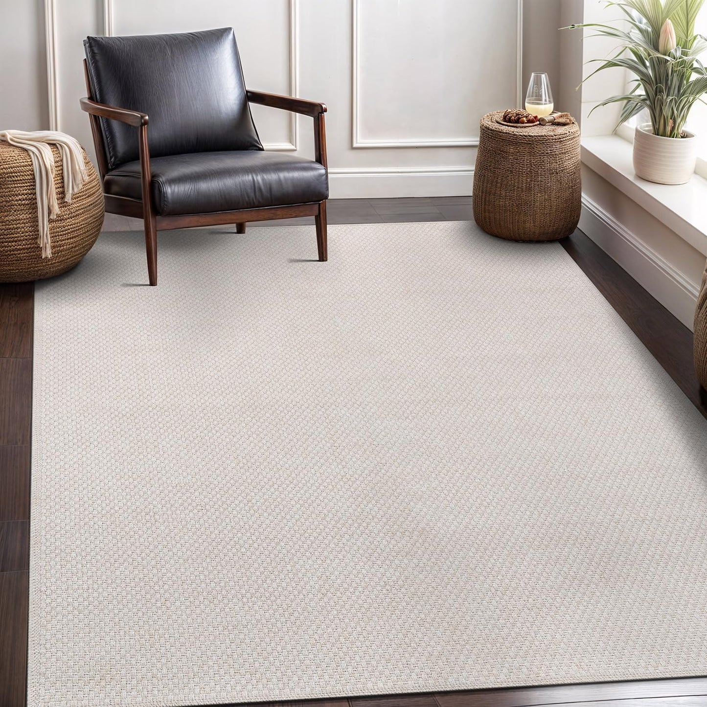 CAMILSON Easy Jute Rug 5x7, Indoor Outdoor Off-White Farmhouse Area Rugs for Living Room Patio and Kitchen Rug, Solid Woven Design, Easy-Cleaning, Washable Outside Carpet Alfombras (5 x 7)