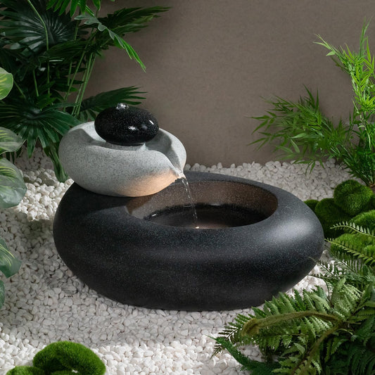 13.39" H Outdoor Water Fountain Made with Eco-Friendly Recyclable Materials, Polyethylene Rock Waterfall Outdoor Fountain, Garden Decor with LED Light & Pump for Patio, Backyard (13.39")