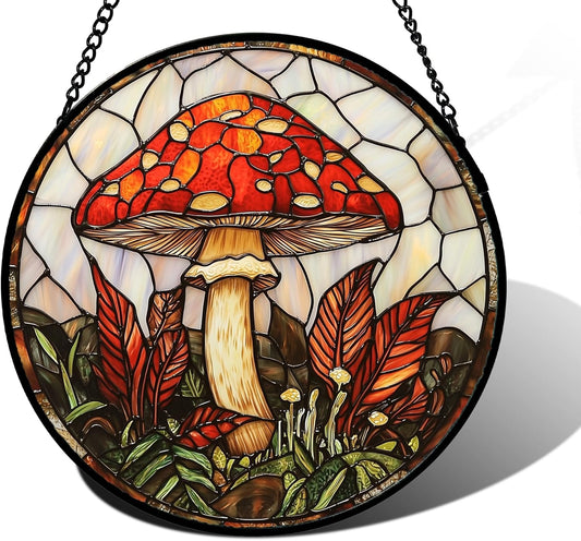 Stained Glass Window Hanging, Big Red Mushroom Suncatcher for Doors Home Sun Catchers Decoration and Christmas, Mother's Day Birthday Gifts for Women, Men, and Mom 6.3 in