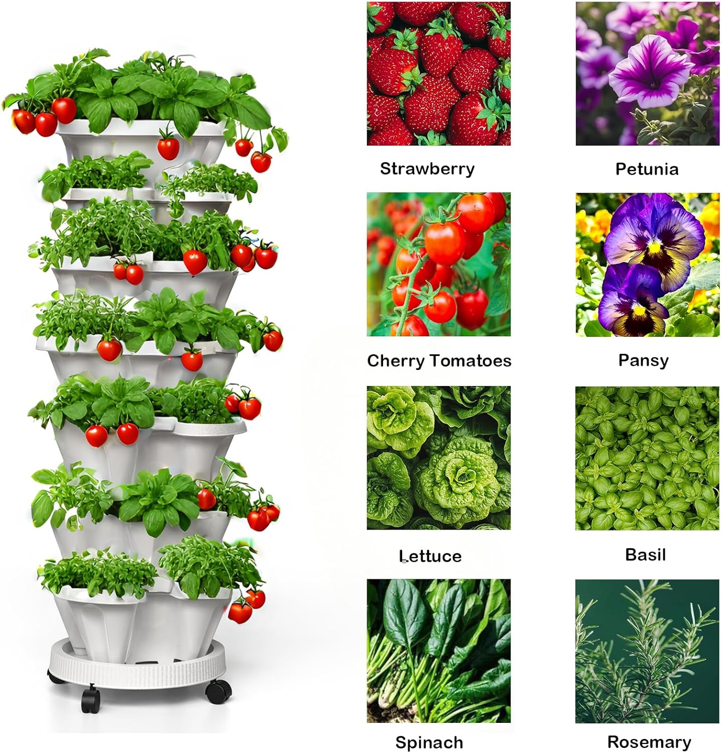 7 Tiered Strawberry Planters 3 Pack, Vertical Stackable Planter, Herb Stacking Tower Garden, Flower and Vegetable Planters with Support Pole Indoor and Outdoor with Removable Wheels Dark Grey