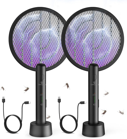 Bug Zapper Racket, 2 in 1 Fly Swatter USB Rechargeable, 4000V Electric Fly Zapper with 3 Layer Safety Mesh，Electric Racket for Kitchen, Home, Garden and Outdoors(2 Pack